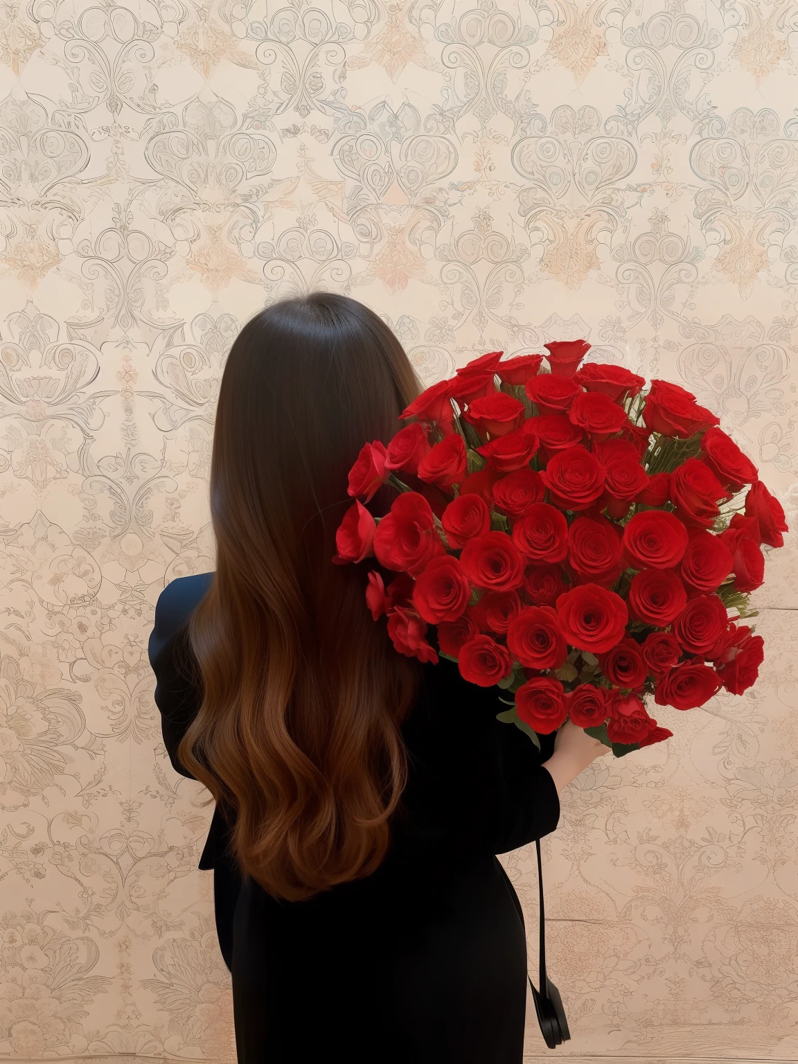handsome girl,photo from the back, Wavy Hair, Girl with a bouquet, A photo without a face., beautiful hair