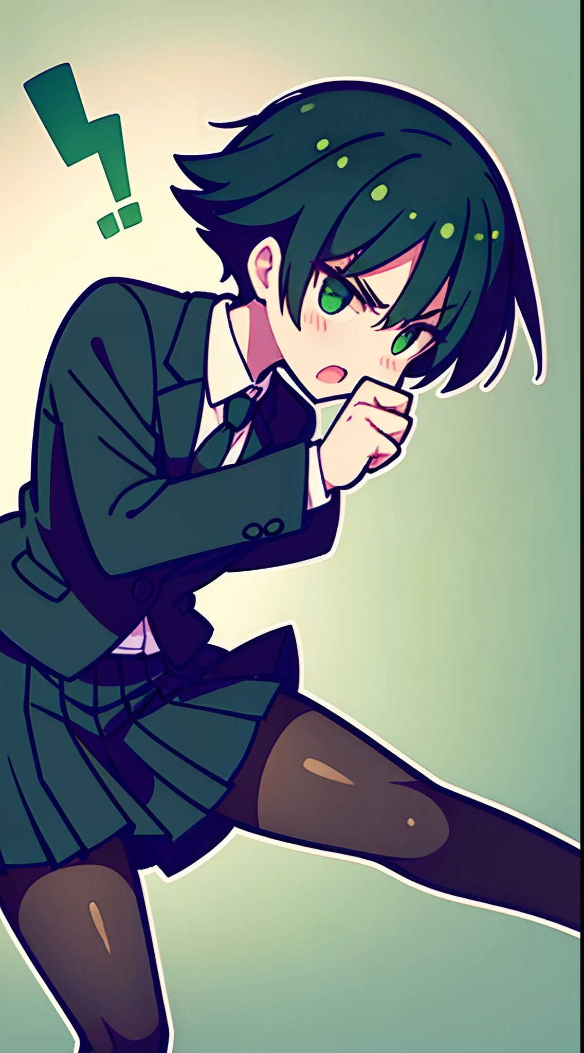 Girl with short green and black hair wearing skirt and formal clothes,Strike angry fighting stances