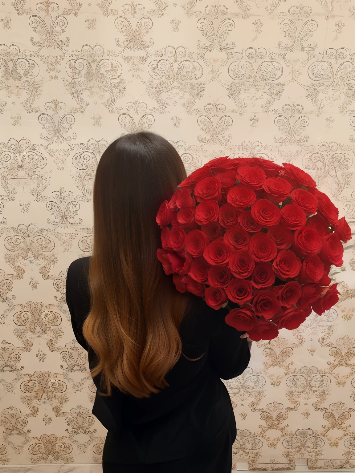 handsome girl,photo from the back, Wavy Hair, Girl with a bouquet, A photo without a face., beautiful hair