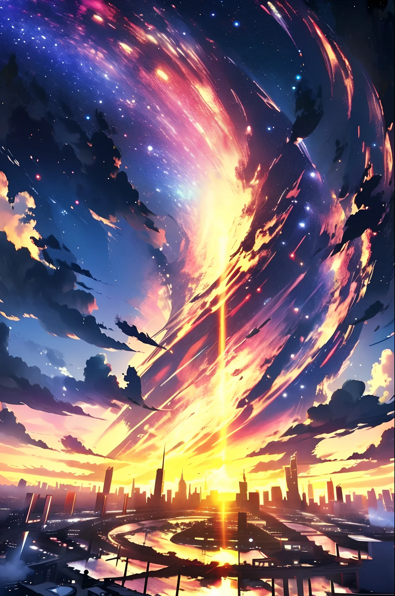 EpicPsychedelicSky, psychedelic sunset, outdoors, sky, cloud, water, no_humans, cloudy_sky, building, star_(sky), scenery, lens_flare, starry_sky, reflection, sunset, futuristic city, futuristic cityscape, futuristic skyscraper, city_lights, diffraction, incredible color scheme, perfect color scheme
(perfect masterpiece,best quality, best resolution:1.5)(perfect CG 8K UHD unity wallpaper)