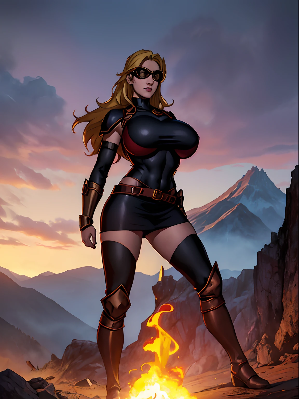 (masterpiece, top quality, best quality, official art, beautiful and aesthetic:1.2), (1girl:1.3), ((long blonde hair)), light freckles, fair skin, extremely detailed, portrait, looking at viewer, solo, (full body:0.6), detailed background, close up, (hot volcanic theme:1.1), fiery mage, charlatan, smirk, mysterious, fiery red hair, flaming hair, flames, casting spells in mountains, skimpy attire, steampunk copper armor, dark red cowl, breastplate, boob armor, crop top, armored crop top, gorget, ((goggles on forehead)), fingerless gloves, loose sleeves, greaves, thigh-high long boots, black skirts, long skirts, tattered skirts, red and black fabric, dark leather, ((((gigantic breasts)))), slim waist, slim hips, long legs, medieval (mountain exterior:1.1) background, dark mysterious lighting, shadows, magical atmosphere, dutch angle,