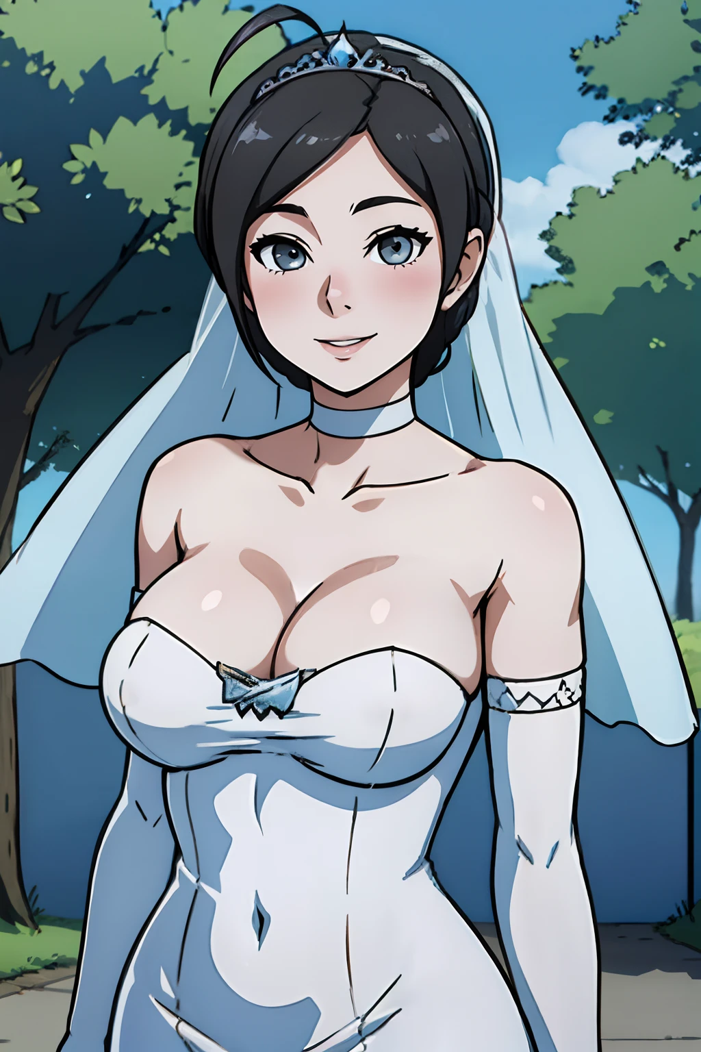 wiifittrainer, hair between eyes, ahoge, grey hair, star \(symbol\), hair ornament, dress, cleavage, bare shoulders, collarbone, long white elbow gloves, white gloves, white dress, white choker, strapless, tiara, veil, strapless dress, wedding dress, bridal veil, beautiful woman, perfect body, perfect breasts, wearing a wedding dress, ball gown, in the park trees, wedding decorations, a in love smile, realism, masterpiece, textured skin, super detail, high detail, high quality, best quality, 1080p, 16k