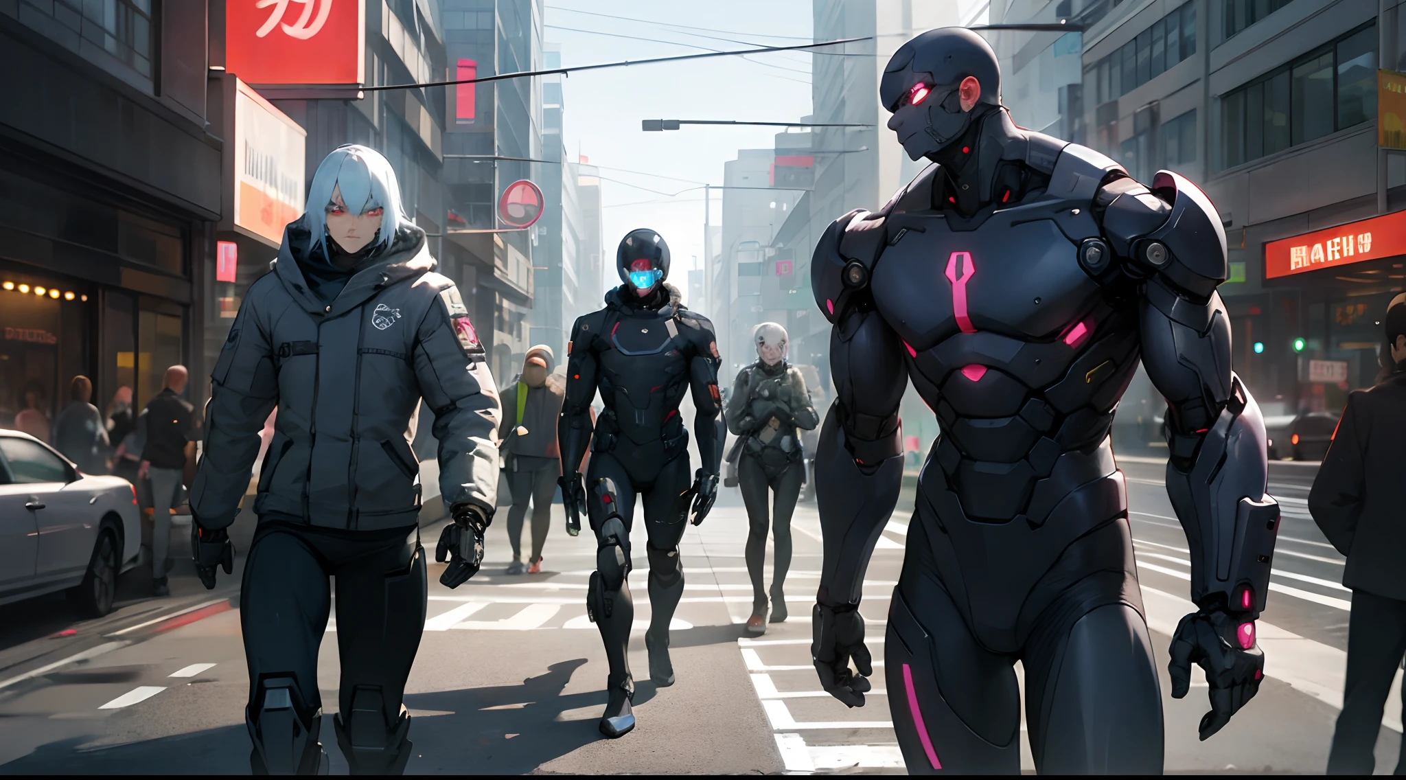 cyborgs among people on the streets of a city