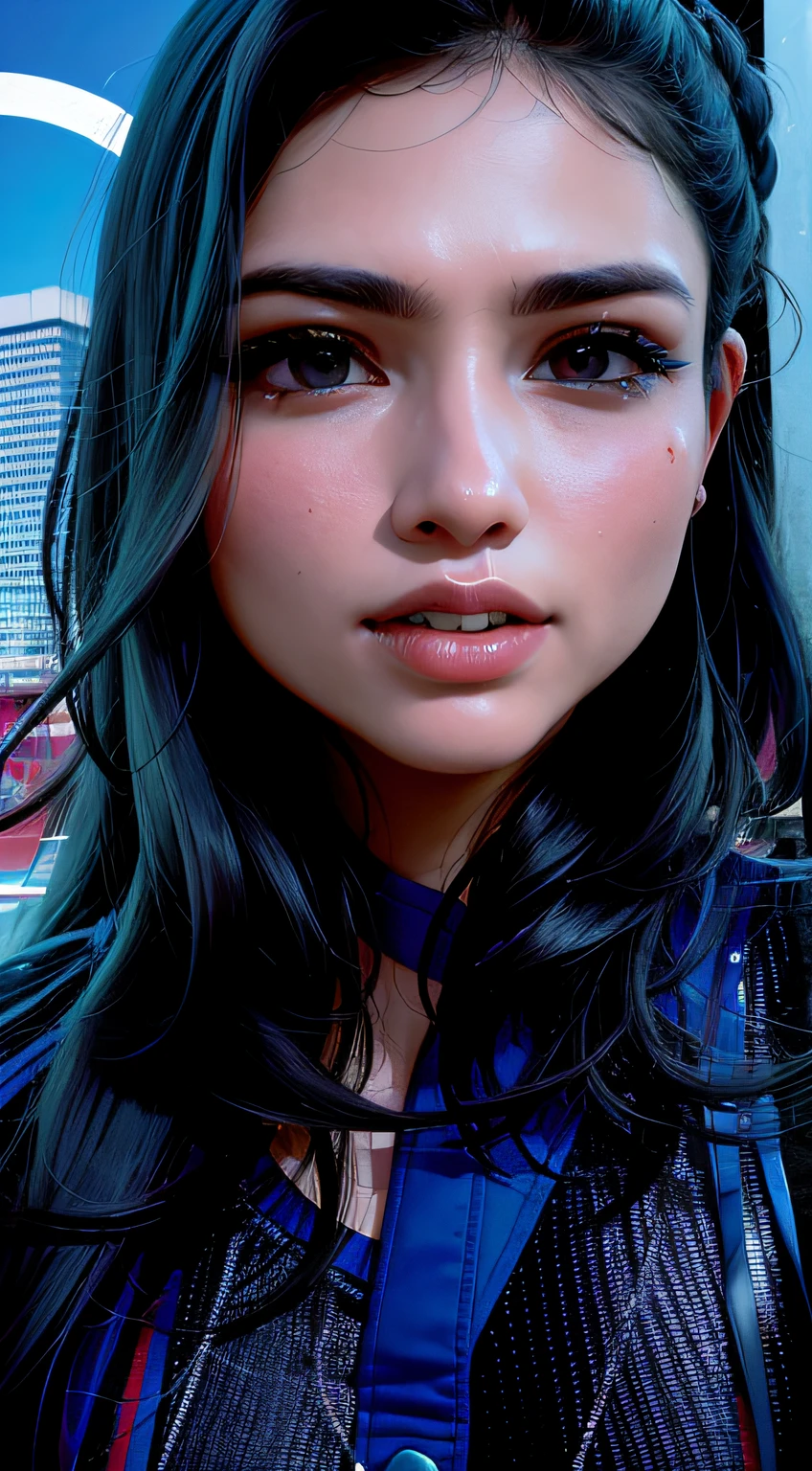 Mulher com longos cabelos pretos vestindo uma camisa azul e gravata, south east asian with round face, foto de perfil, Asian face, asian female, Nivanh Chanthara, com rosto redondo, com maquiagem profissional, com bochechas redondas, estilo anime, cores vibrantes, remover a gengiva aparente, fazer um tratamento nos dentes, deixando mais branco, trazer mais cores.