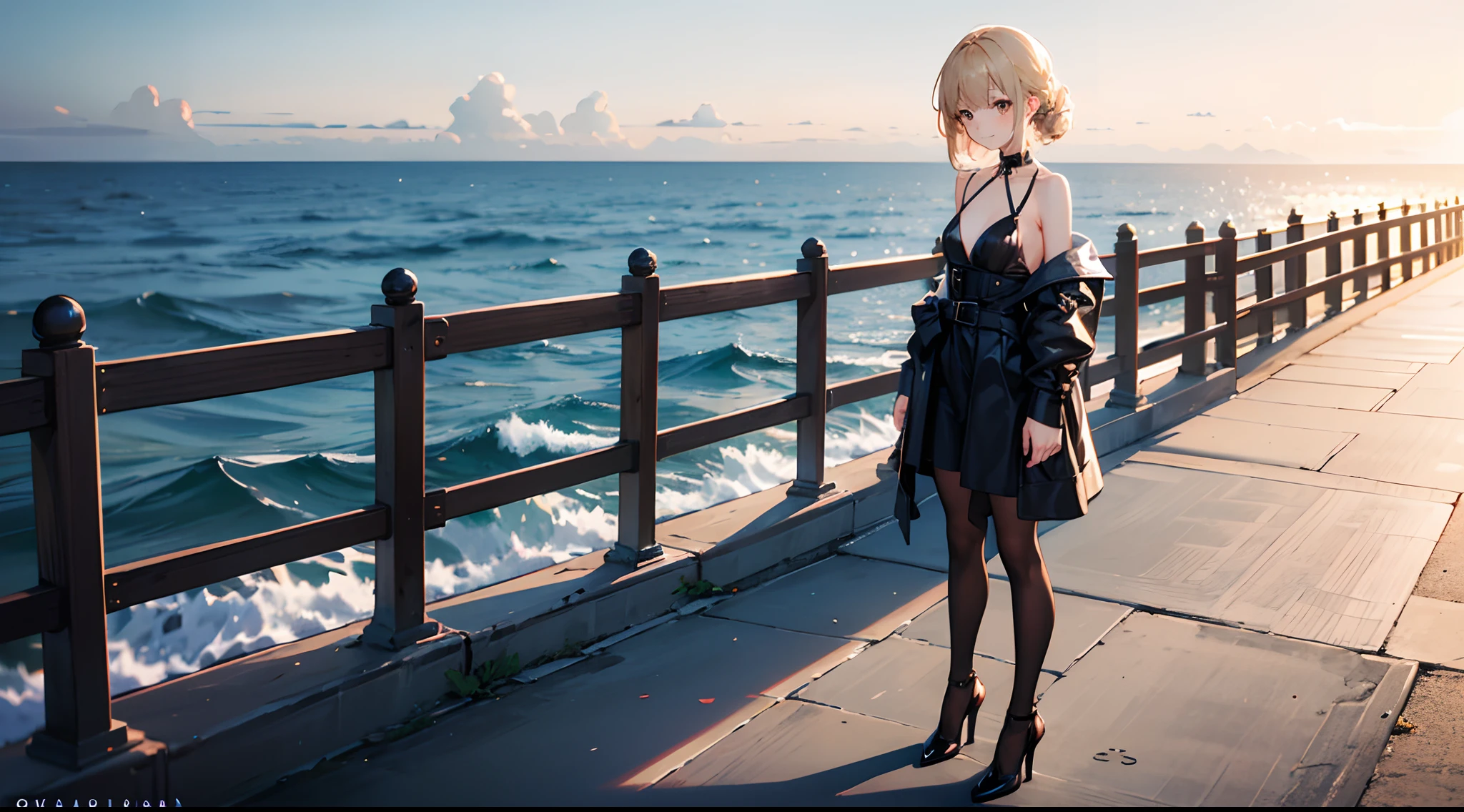 1girl, blond hair almost to the ground, one-piece black leather outfit with a translucent neckline and 4 straps along the front attached to a belt around the nec, short black loose dress, bare shoulders, black stockings ending before the end of the dress, black high heels, sleeves from elbow loose at the wrists, bow at waist level at the back, Brown eyes, standing in front of barrier with sea in the back, small smile