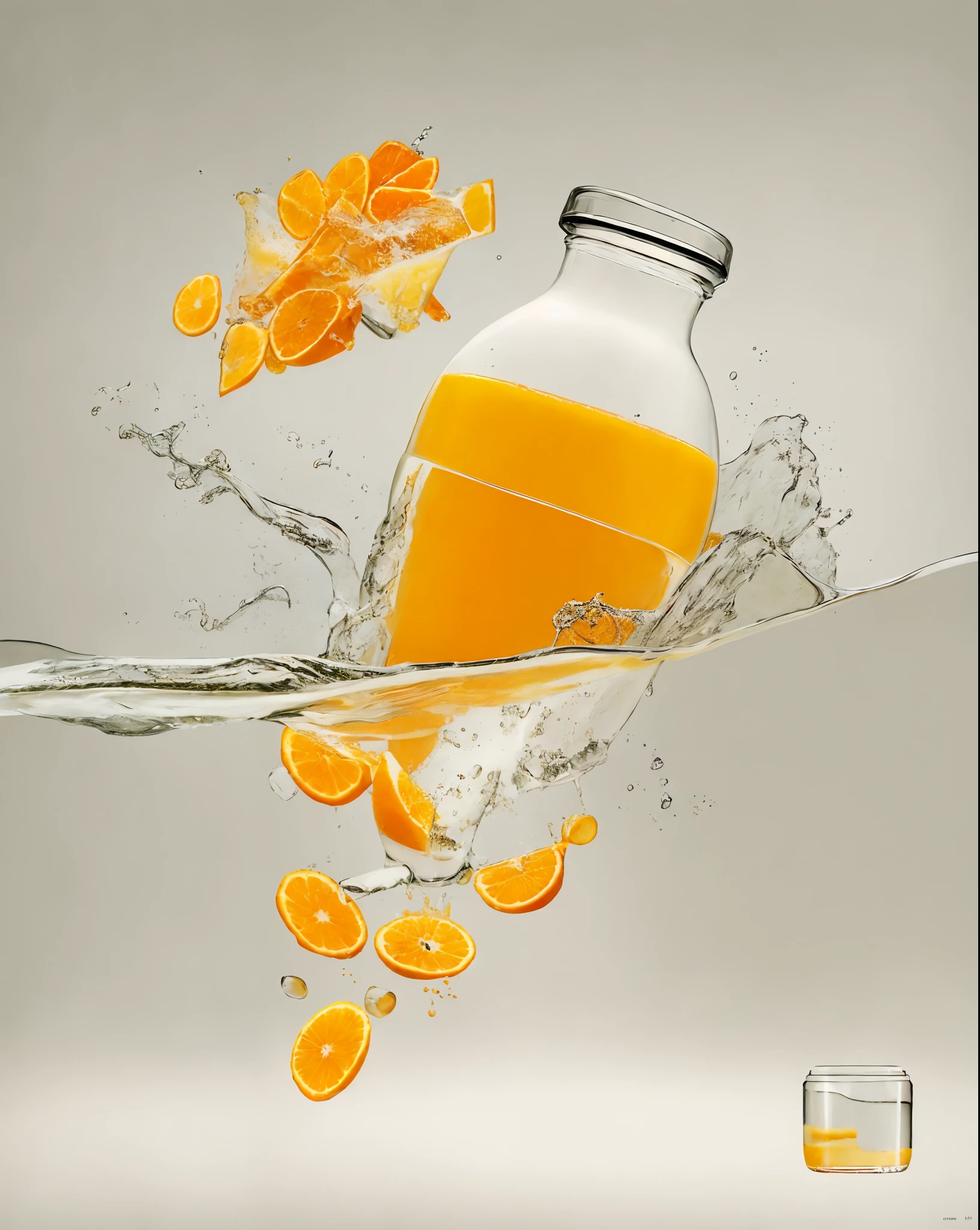 a poster with a bottle of orange juice floating in the water, poster for'unlimited juice ', made of drink, spilling juice, unlimited juice, by Josef Dande, drink, by Viktor de Jeney, juice, by Luis Miranda, by Aleksander Kobzdej, advertising photography, by Alexander Bogen, in style of ultra realistic, by Alexander Brook