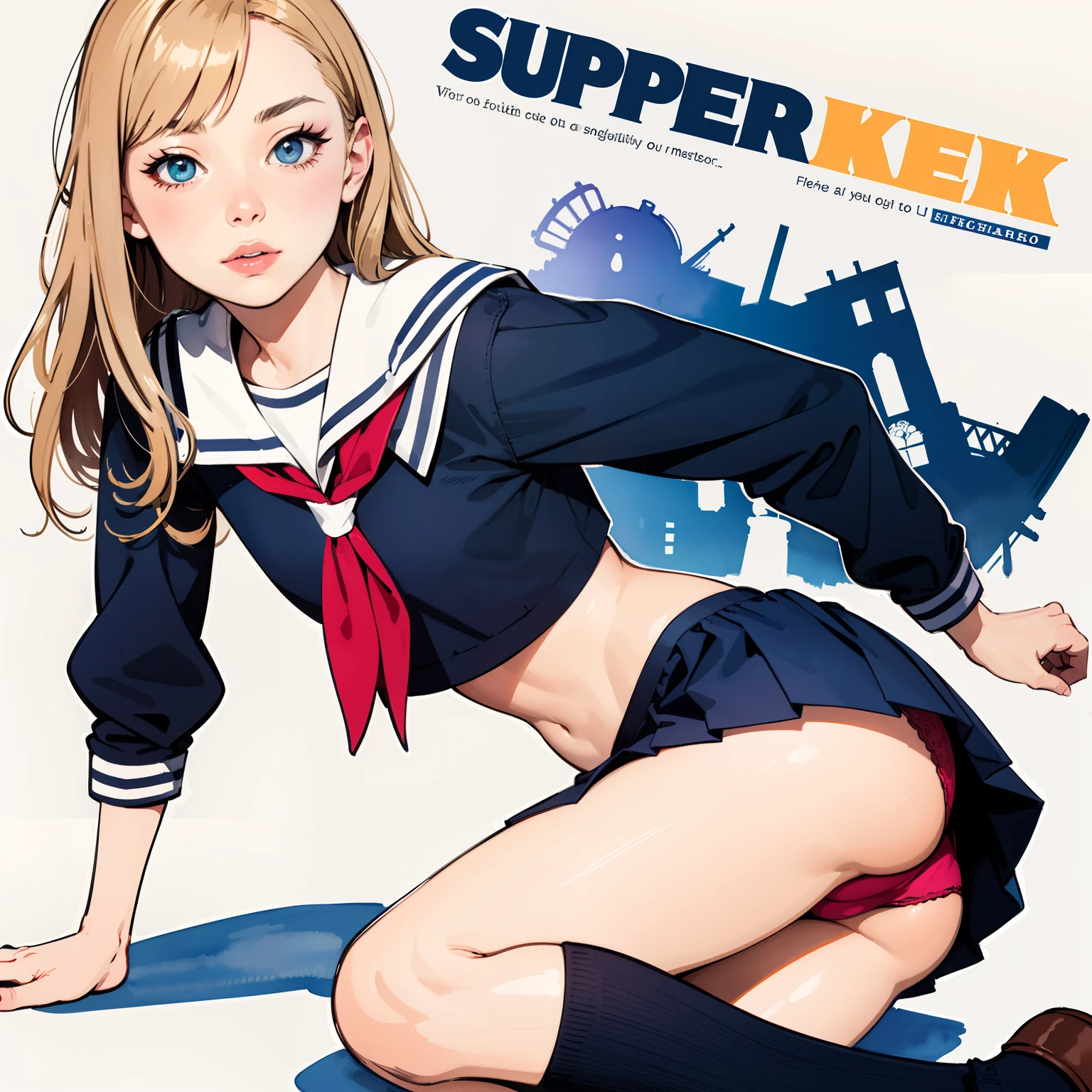 (superflat, flat shading, flat colors), Ikea assembly instruction for a schoolgirl, text, , school uniform, panties, watercolor