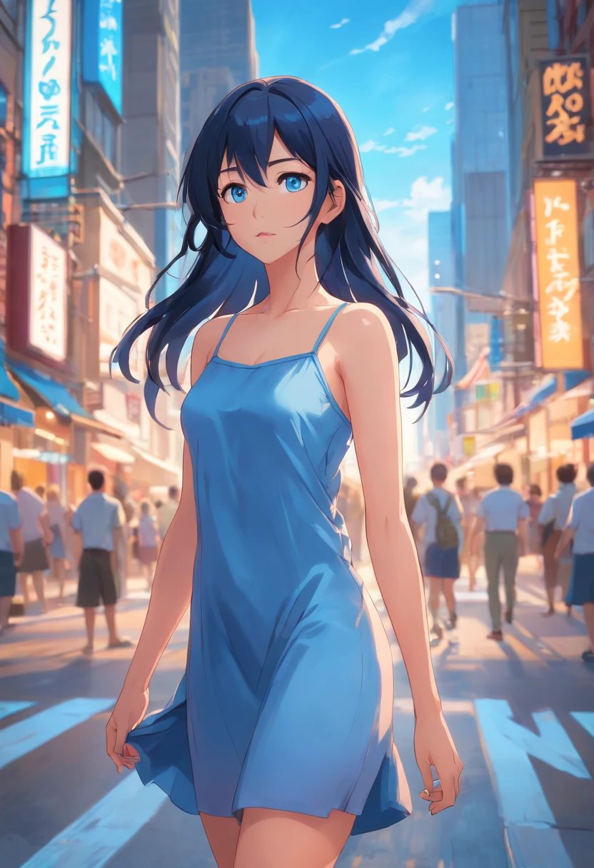 Blue eyes, Masterpiece, Best Quality, 8K, Photographic Reality, Realistic, Octane Rendering, Bustling Urban Streets of CHicago (1 Woman: 1.4), (Only One Woman on the Screen: 1.3), (Blue Sundress), (Long Black Hair), (Blue Eyes) Upper Body Display (Asian-American) (Fit, Athletic, Tall)(Small Breasts) (Frost Giant)