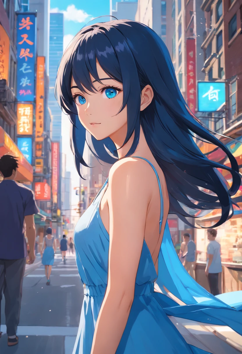 Blue eyes, Masterpiece, Best Quality, 8K, Photographic Reality, Realistic, Octane Rendering, Bustling Urban Streets of CHicago (1 Woman: 1.4), (Only One Woman on the Screen: 1.3), (Blue Sundress), (Long Black Hair), (Blue Eyes) Upper Body Display (Asian-American) (Fit, Athletic, Tall)(Small Breasts) (Frost Giant)