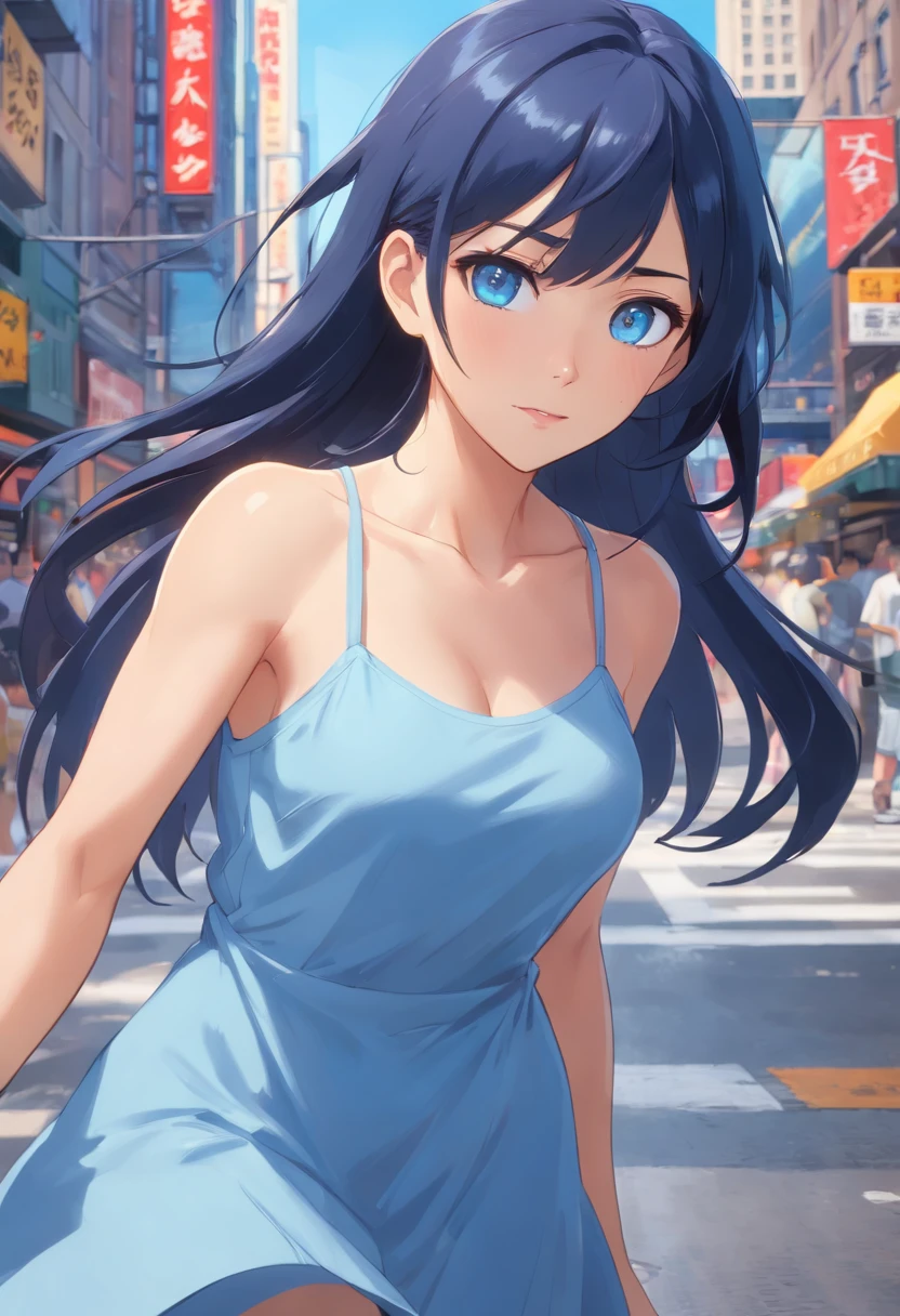 Blue eyes, masutepiece, Best Quality, 8K, Photographic Reality, Realistic, Octane Rendering, The bustling urban streets of Chicago (1 woman: 1.4), (Only one woman on the screen: 1.3), (Blue sundress), (Long Black Hair), (Blue eyes) Upper body display (Asian American) (Fit, Athletic, tall)(Small breasts) (Frost Giant)