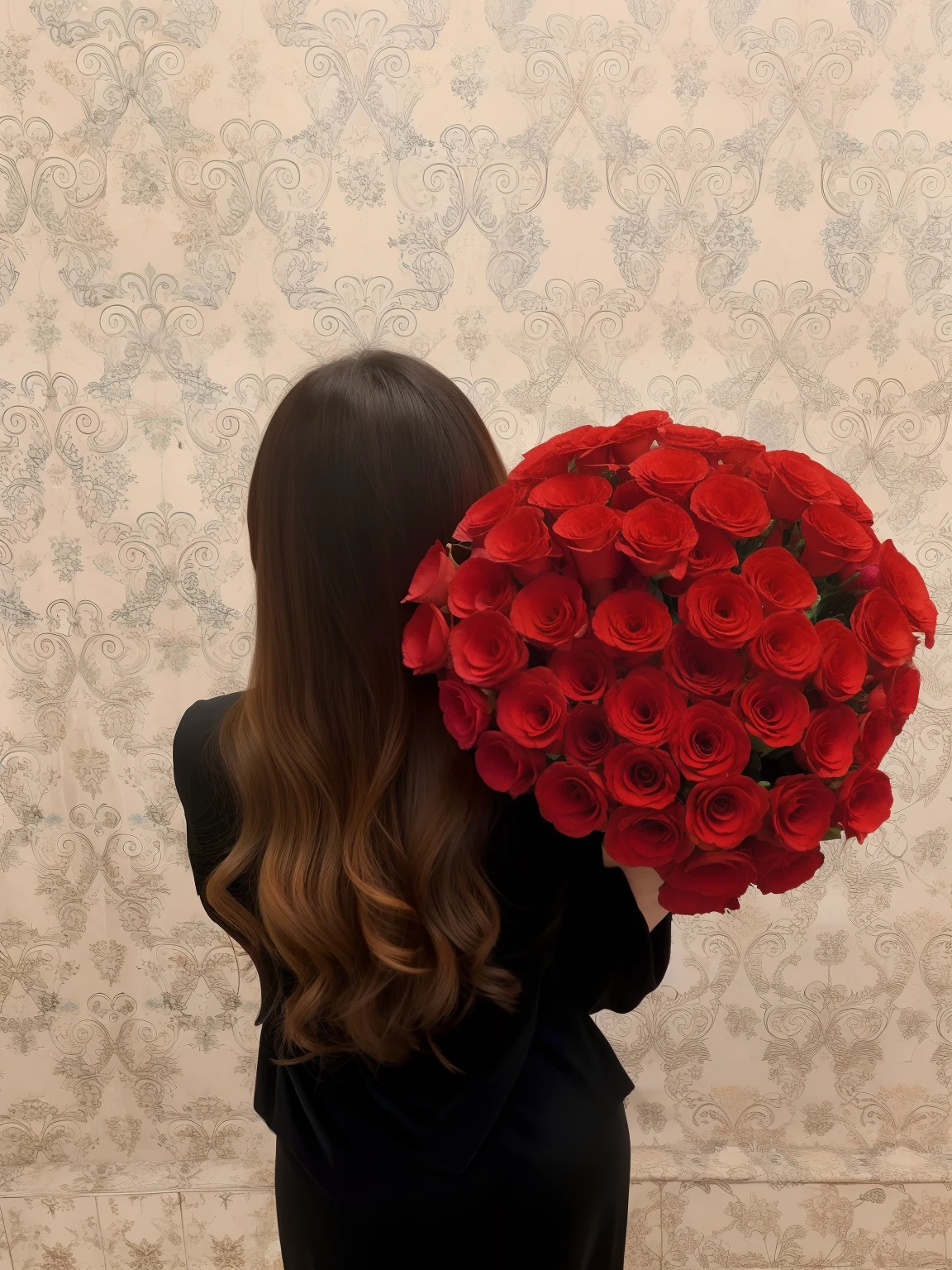 handsome girl,photo from the back, Wavy Hair, Girl with a bouquet, A photo without a face., beautiful hair