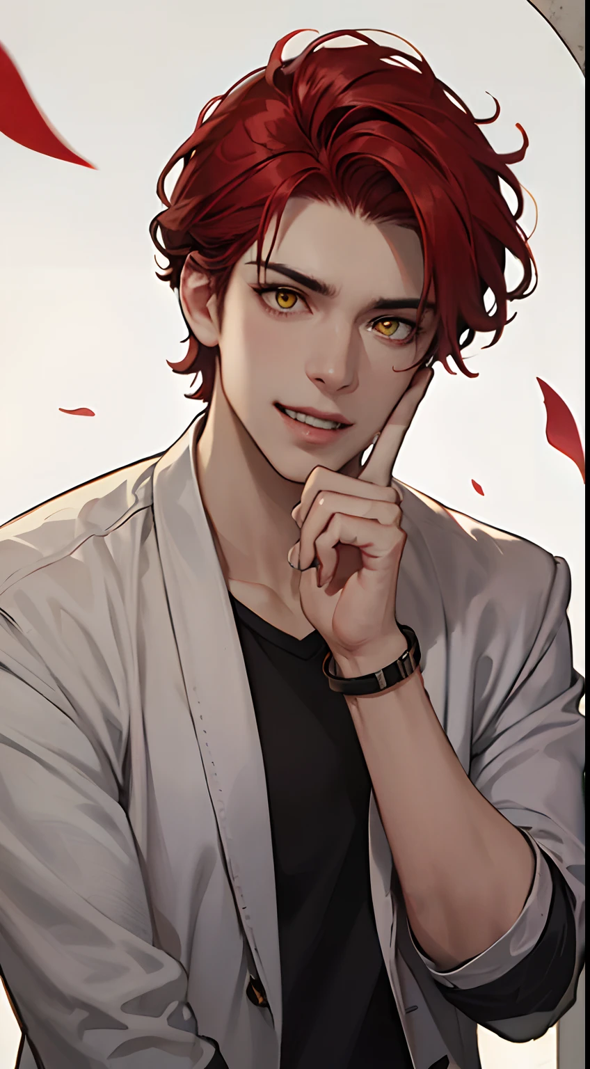 A 28-year-old man with scarlet hair, Yellow eyes, hands on the face, White jacket, maniacal gaze, hand on cheek, finger rings, rabies, bloods, laughter