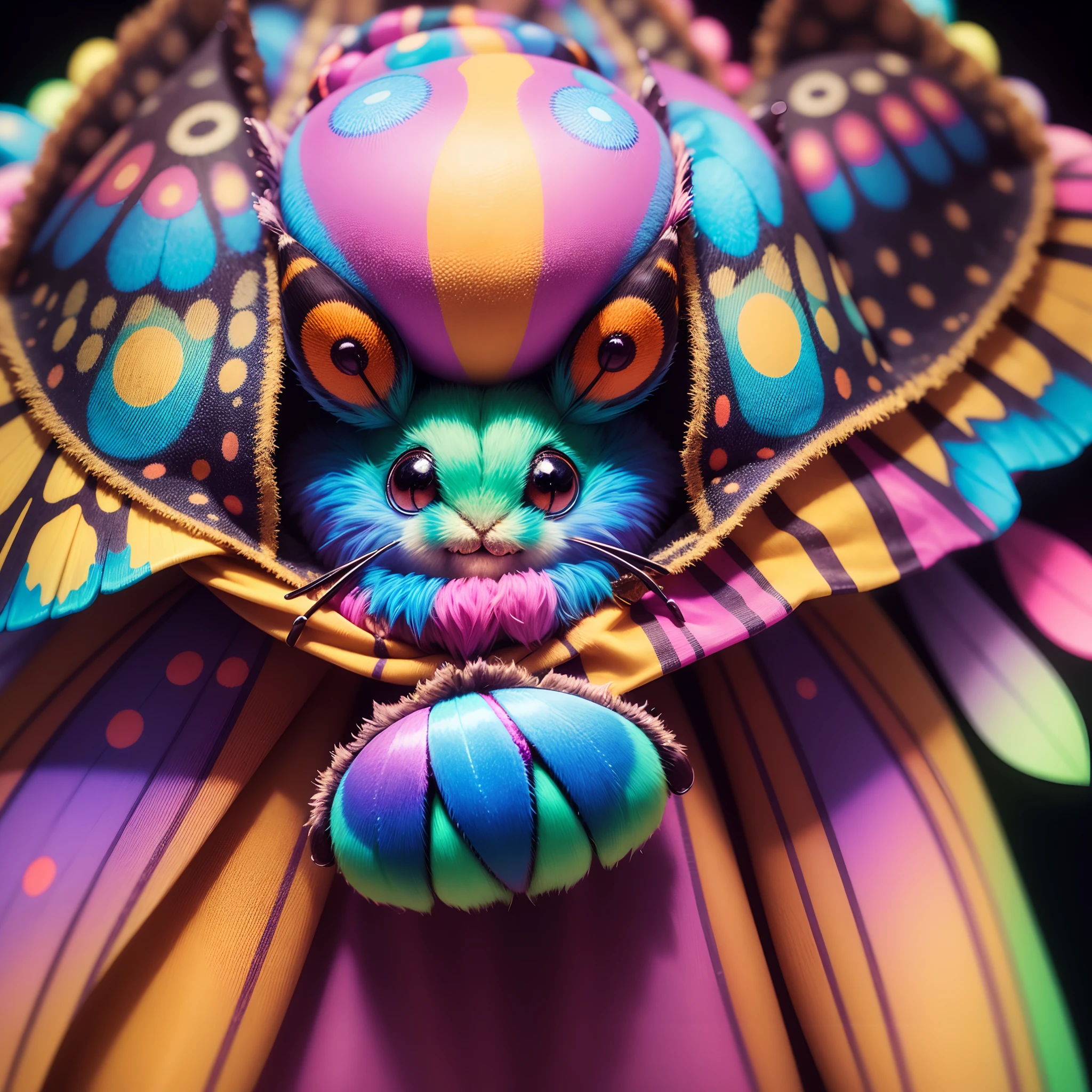 A cheerful cute fuzzy psychedelic moth on a strangely decorated stage, diverse and colorful, high depth of field, soft lighting