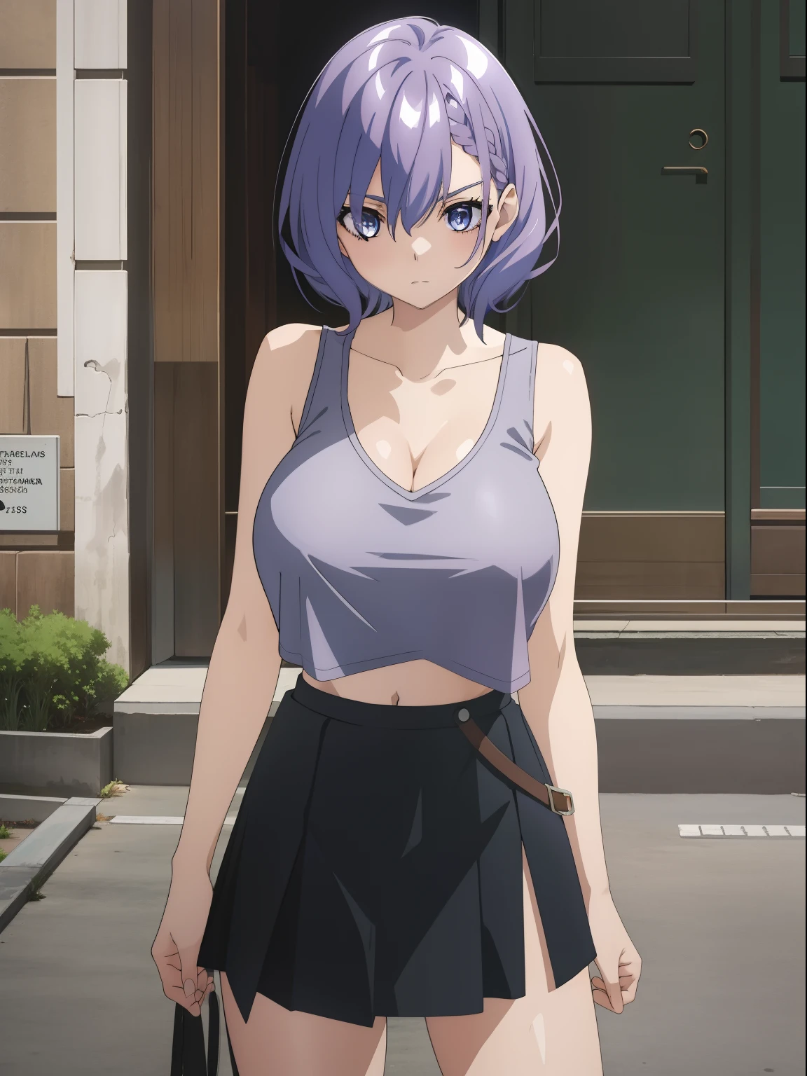 tall body, tall, long legs, mature female, mature, adult, simple background eft_vermeil, 1girl, solo, breasts, purple hair, black dress, red eyes, large breasts, medium hair, looking at viewer,, hair between eyes, short hair, blue hair, multicolored hair, 