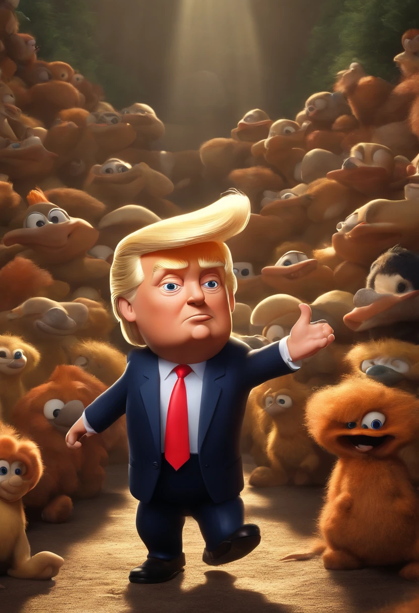 (melhor qualidade, obra-prima:1.3), (hiperrealismo:1.2), donald trump, cute, giant musrhooms, fantasy, pixar, masterpiece, running from the joe biden, animated movie