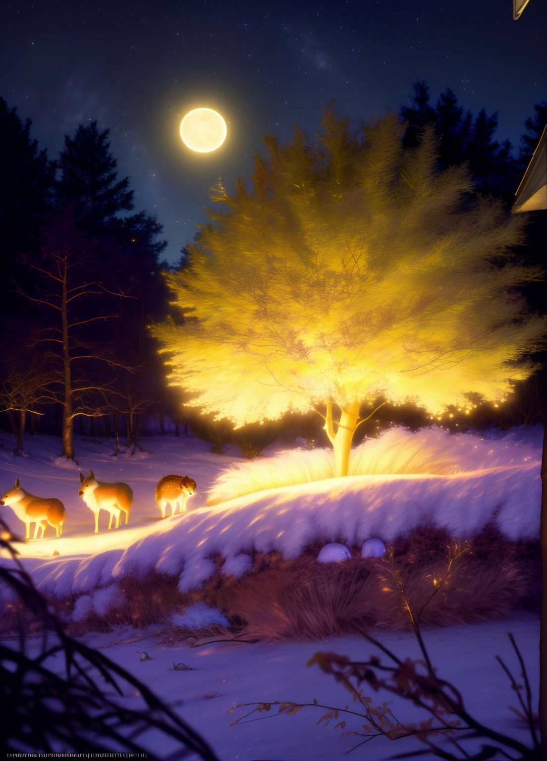 (best quality,4k,8k,highres,masterpiece:1.2),ultra-detailed,(realistic,photorealistic,photo-realistic:1.37),Enchanted forest, illuminated by the soft moonlight,playful foxes,graceful fawns,adorable cubs,wise owls,cute bunnies,prickly hedgehogs gather under the celestial beauty,portraits,landscape,photography,vivid colors,warm tones,soft lighting,peaceful ambiance