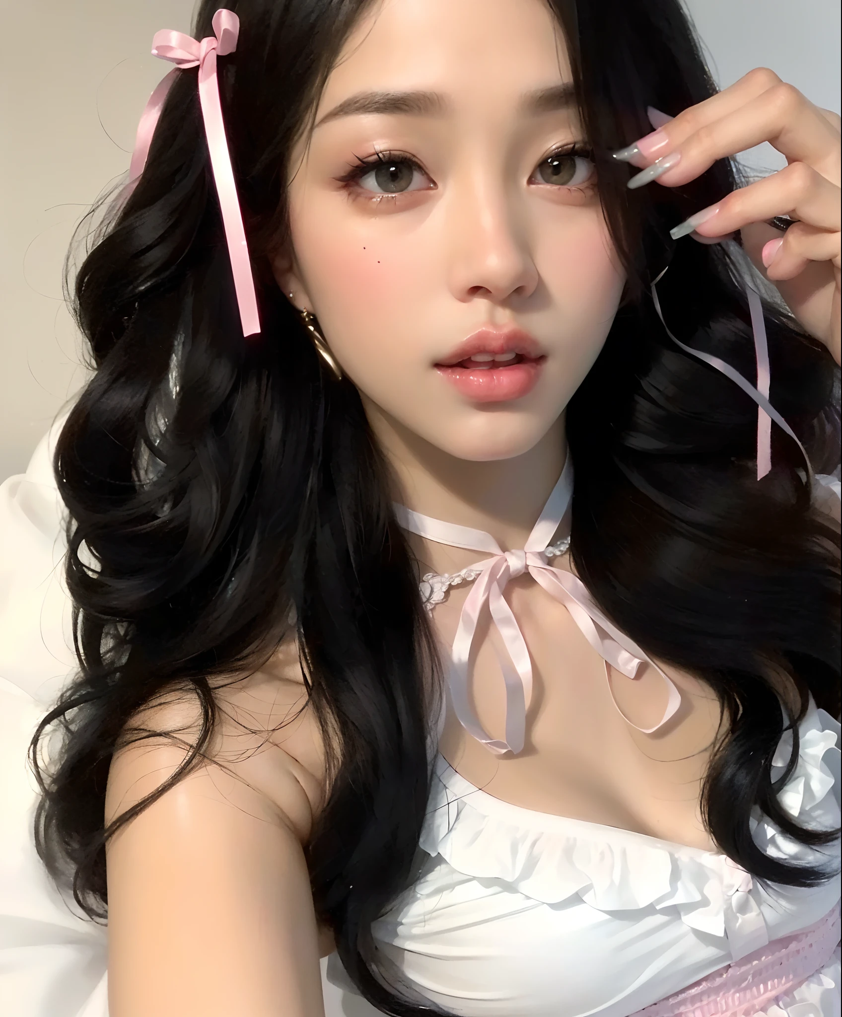 there a woman with long hair and a white dress posing for a photo, ulzzang, bella delfina, cara sexy con maquillaje completo, pale milky white porcelain skin, maquillaje popular de corea del sur, sakimichan, muchacha coreana, maquillaje coreano popular, labios claros y de alta calidad, pale porcelain white skin, pale korean adorable face, yanjun chengt