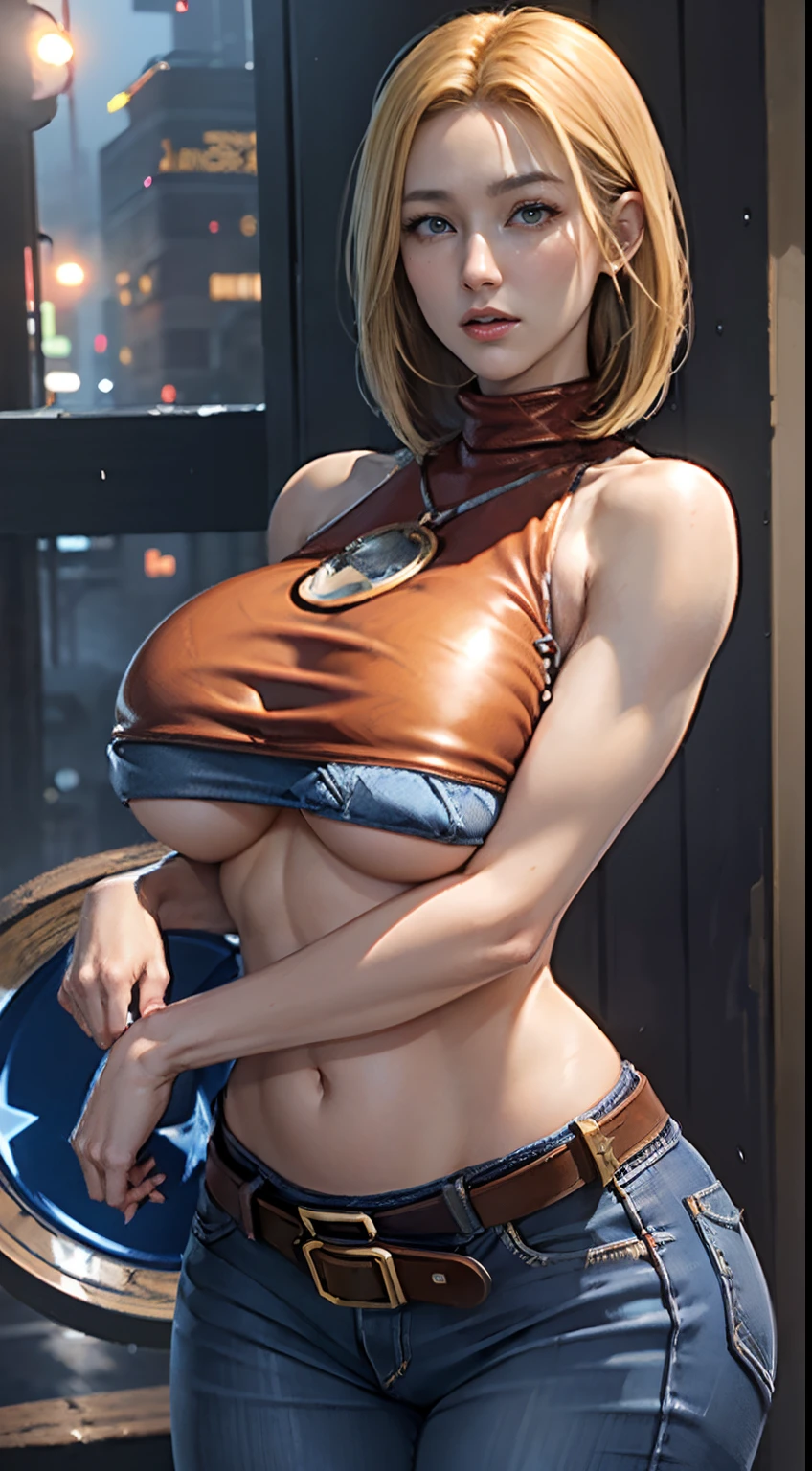 maryms, Best Quality,(beauty), 1girl,phisically-based render ,ultra highres,(cowboy shot:1.5),narrow waist, skinny, LeonaMS ,(huge round boobs:1.5),muscular, big blue eyes,long legs,jeans,leather belt,small breasts,puffy eyes, leather belt,(rainy city), shiny skin, facing viewer, Victory posture,