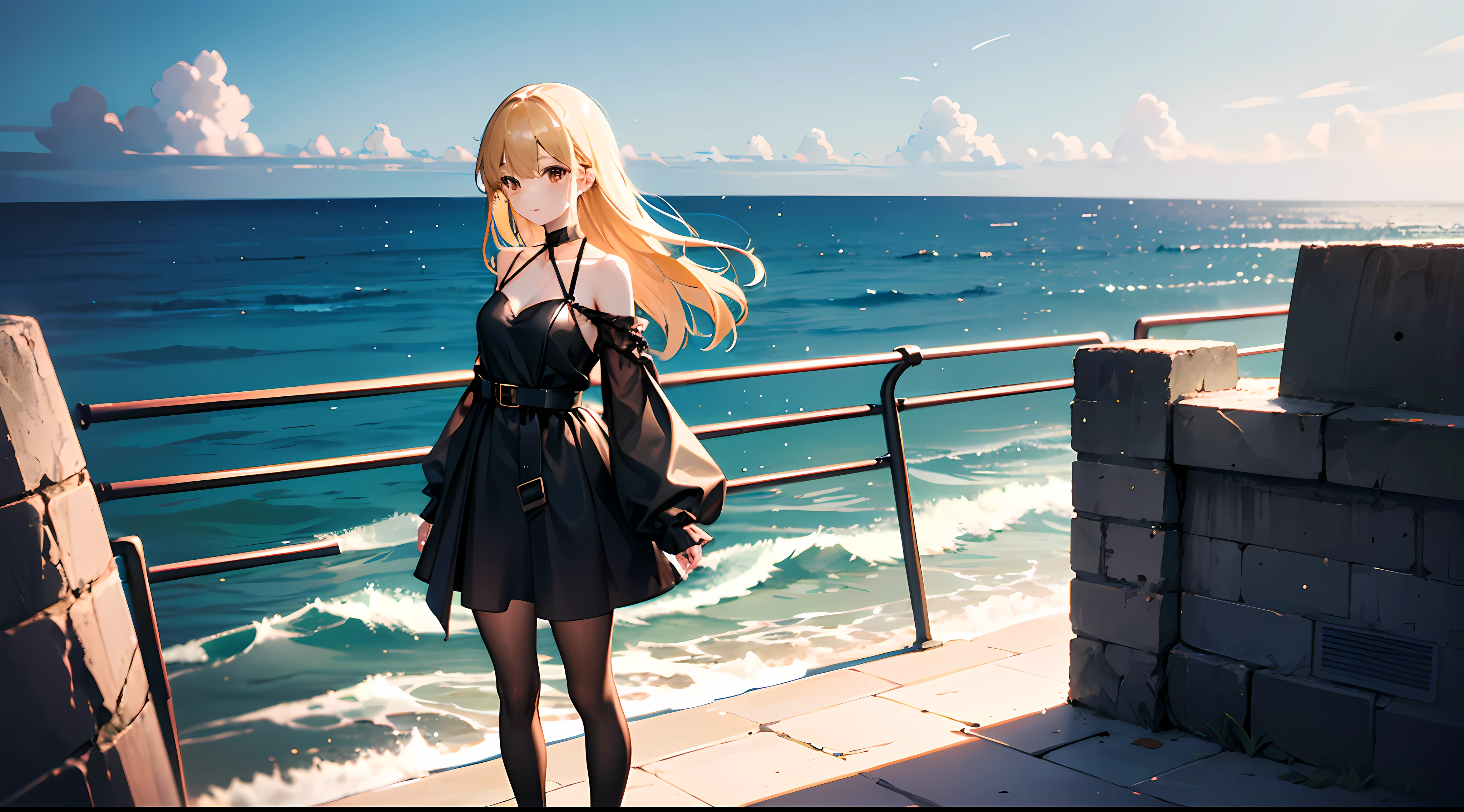 1girl, blond hair almost to the ground, one-piece black leather outfit with a translucent neckline and 4 straps along the front attached to a belt around the nec, short black loose dress,  shoulders, black stockings ending before the end of the dress, black high heels, sleeves from elbow loose at the wrists, bow at waist level at the back, Brown eyes, standing in front of barrier with sea in the back, small smile