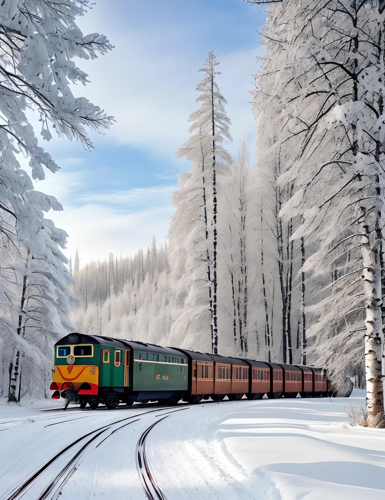 poster for,Vintage trains,Russia,Snow,Lots of birch trees,snow cover,very simple,Outside the window