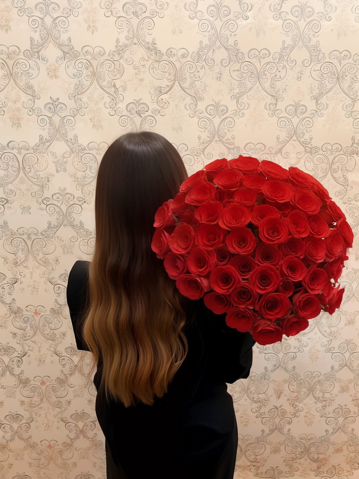 handsome girl,photo from the back, Wavy Hair, Girl with a bouquet, A photo without a face., beautiful hair