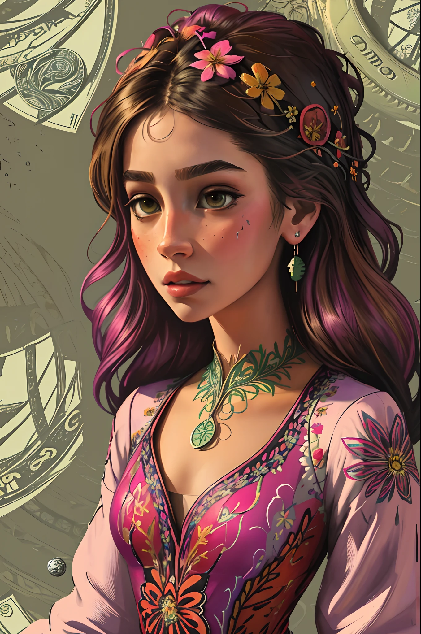 (masterpiece, top quality, best quality, official art, beautiful and aesthetic:1.2), (1girl:1.3), extremely detailed,(fractal art:1.1),(colorful:1.1)(flowers:1.3),highest detailed,(zentangle:1.2), full body, (abstract background:1.3), (shiny skin), (many colors:1.4), ,(earrings), (money:1.5),