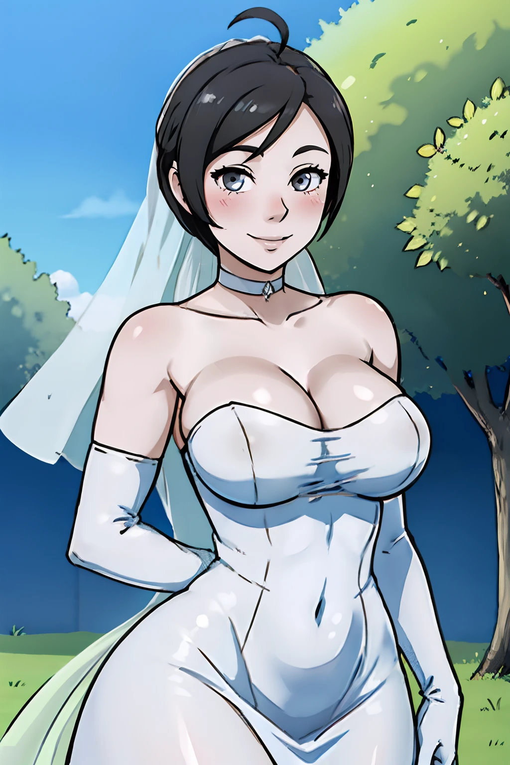 wiifittrainer, hair between eyes, ahoge, grey hair, star \(symbol\), hair ornament, dress, cleavage, bare shoulders, collarbone, long white elbow gloves, white gloves, white dress, white choker, strapless, tiara, veil, strapless dress, wedding dress, bridal veil, beautiful woman, perfect body, perfect breasts, wearing a wedding dress, ball gown, in the park trees, wedding decorations, a in love smile, realism, masterpiece, textured skin, super detail, high detail, high quality, best quality, 1080p, 16k