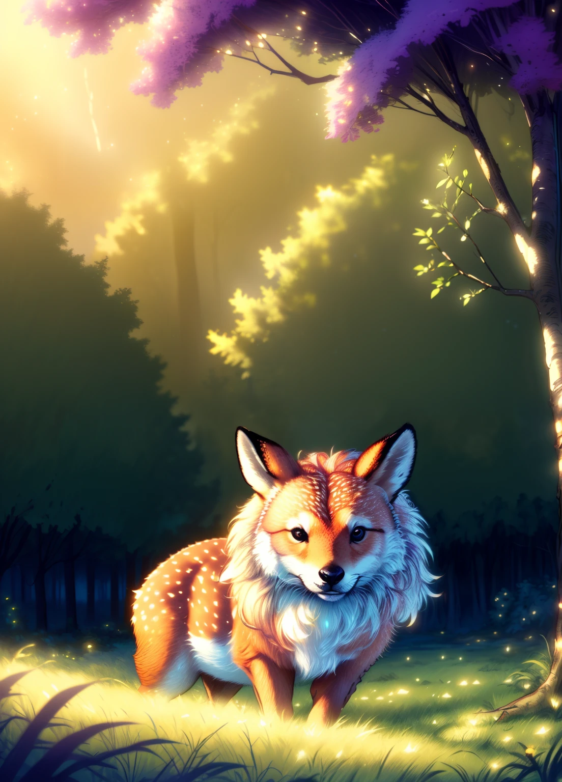 (best quality,4k,8k,highres,masterpiece:1.2),ultra-detailed,(realistic,photorealistic,photo-realistic:1.37),Enchanted forest, illuminated by the soft moonlight,playful foxes,graceful fawns,adorable cubs,wise owls,cute bunnies,prickly hedgehogs gather under the celestial beauty,portraits,landscape,photography,vivid colors,warm tones,soft lighting,peaceful ambiance