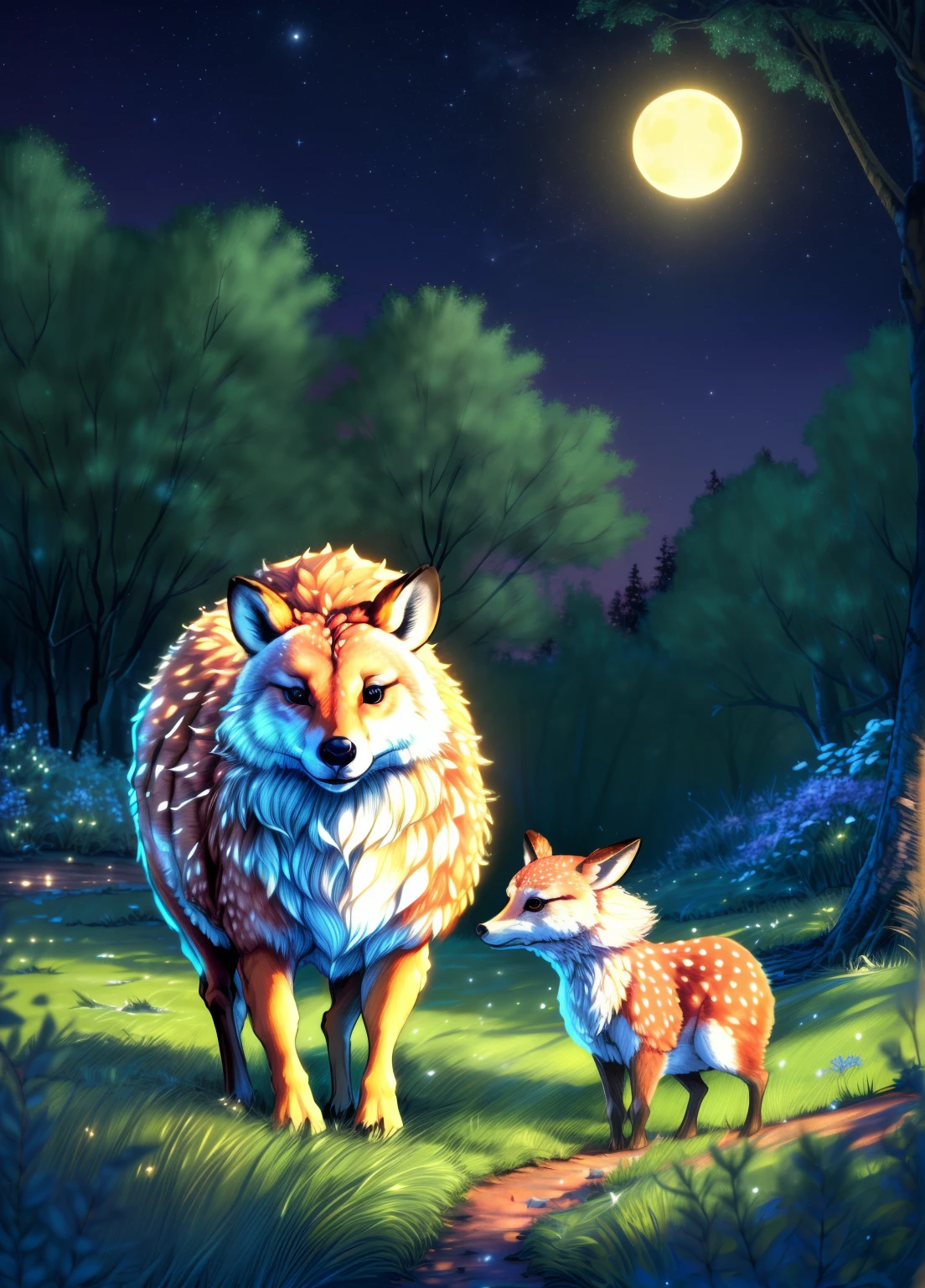 (best quality,4k,8k,highres,masterpiece:1.2),ultra-detailed,(realistic,photorealistic,photo-realistic:1.37),Enchanted forest, illuminated by the soft moonlight,playful foxes,graceful fawns,adorable cubs,wise owls,cute bunnies,prickly hedgehogs gather under the celestial beauty,portraits,landscape,photography,vivid colors,warm tones,soft lighting,peaceful ambiance