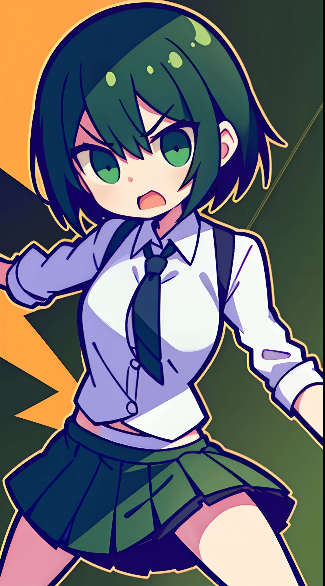 Girl with short green and black hair wearing skirt and formal clothes,Strike angry fighting stances