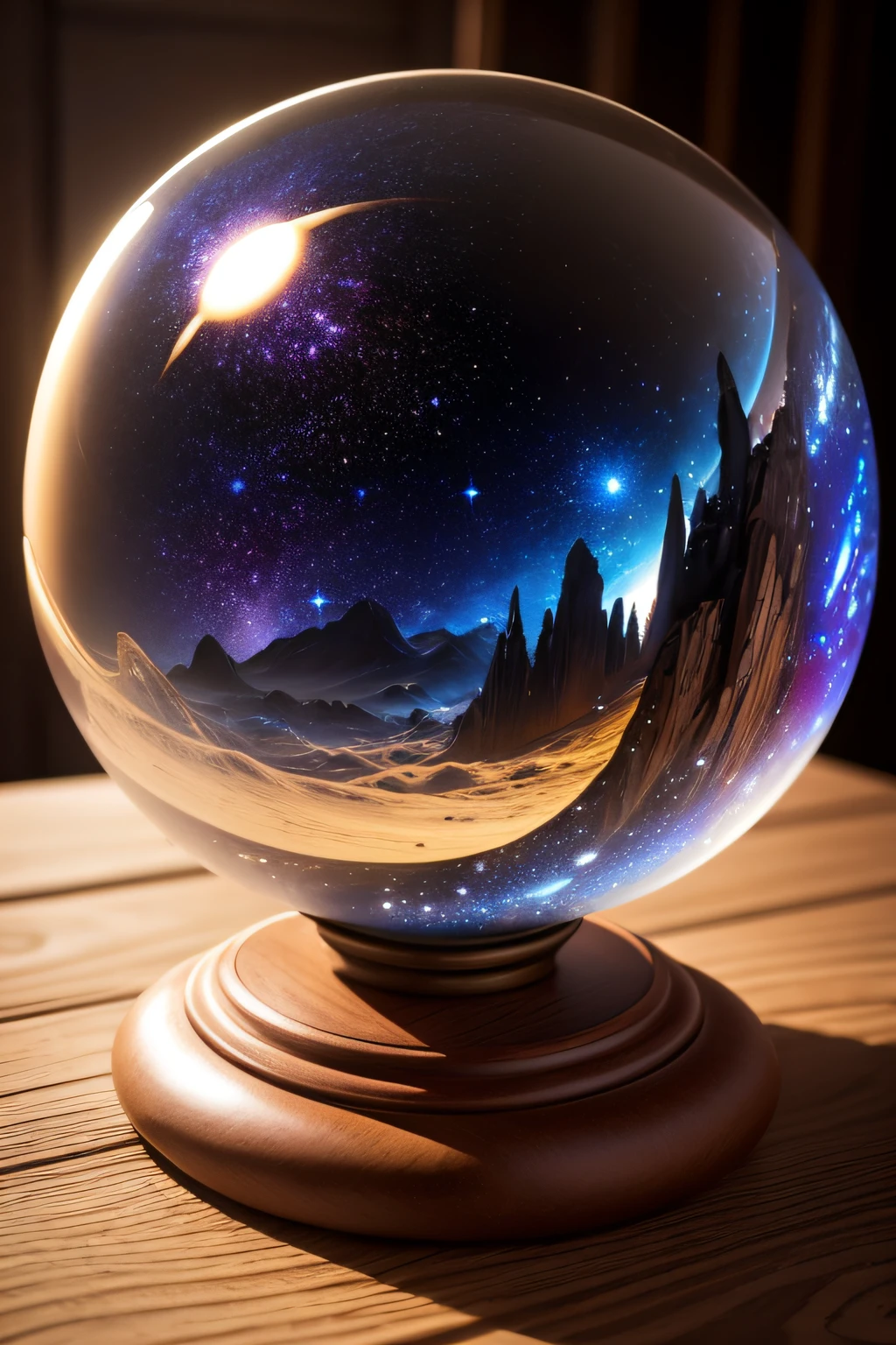 A magnificent crystal ball with the universe and the galaxy inside, it is very detailed and textured. It is placed on a wooden table with lots of ribbing and detail