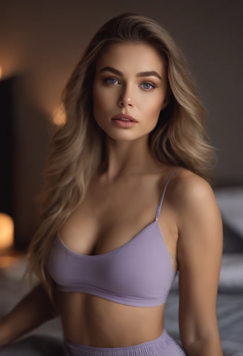 Arafed woman completely , fille sexy aux yeux bleus, ultra realist, Meticulously detailed, Portrait Sophie Mudd, cheveux blonds et grands yeux, selfie of a young woman, Yeux de chambre, Violet Myers, sans maquillage, maquillage naturel, looking straight at camera, Visage avec Artgram, Maquillage subtil, Great photo of the whole body kneeling on the bed, grandes hanches, Very large bust, dans la chambre, Dressed in sportswear