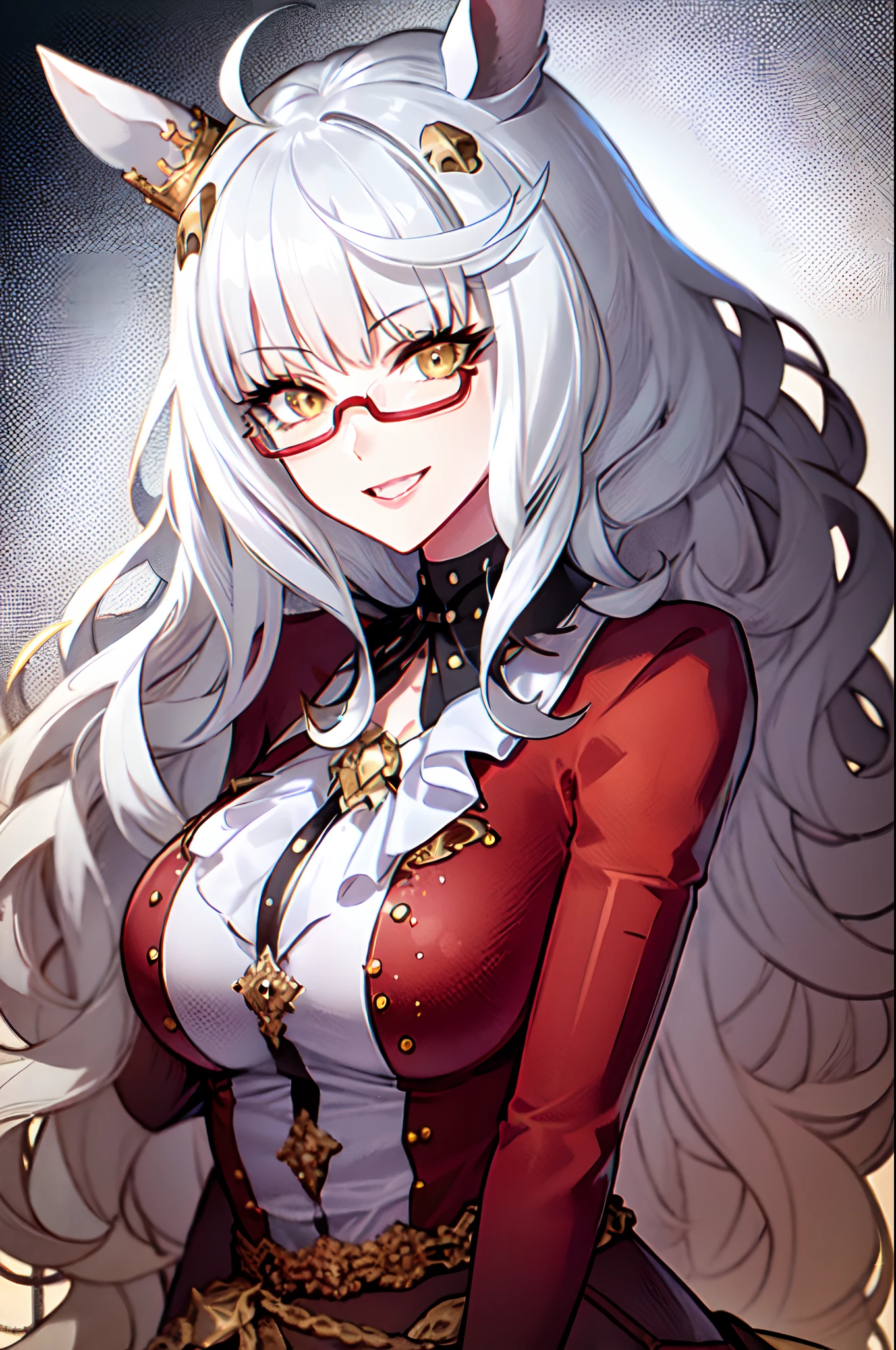 (shoujo-style), (romance manhwa), biwa hayahide \(umamusume\), ultra-detailed eyes, masterpiece, bestquality, upper body, smile, semi-rimless eyewear, under-rim eyewear, red-framed eyewear, 1girl, solo, upper body, facing viewer, looking at viewer, smile, cleavage, masterpiece, best quality, highres,