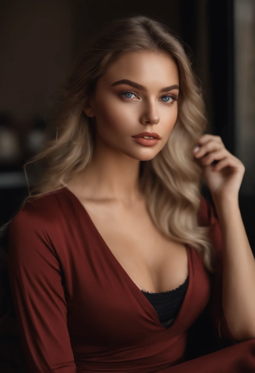 in the restaurant, Arafed woman completely , fille sexy aux yeux bleus, ultra realist, Meticulously detailed, Portrait Sophie Mudd, cheveux blonds et grands yeux, selfie of a young woman, Yeux de chambre, Violet Myers, sans maquillage, maquillage naturel, looking straight at camera, Visage avec Artgram, Maquillage subtil, Great photo of the whole body kneeling on the bed, grandes hanches, Very large bust, dans la chambre, Dressed in sportswear