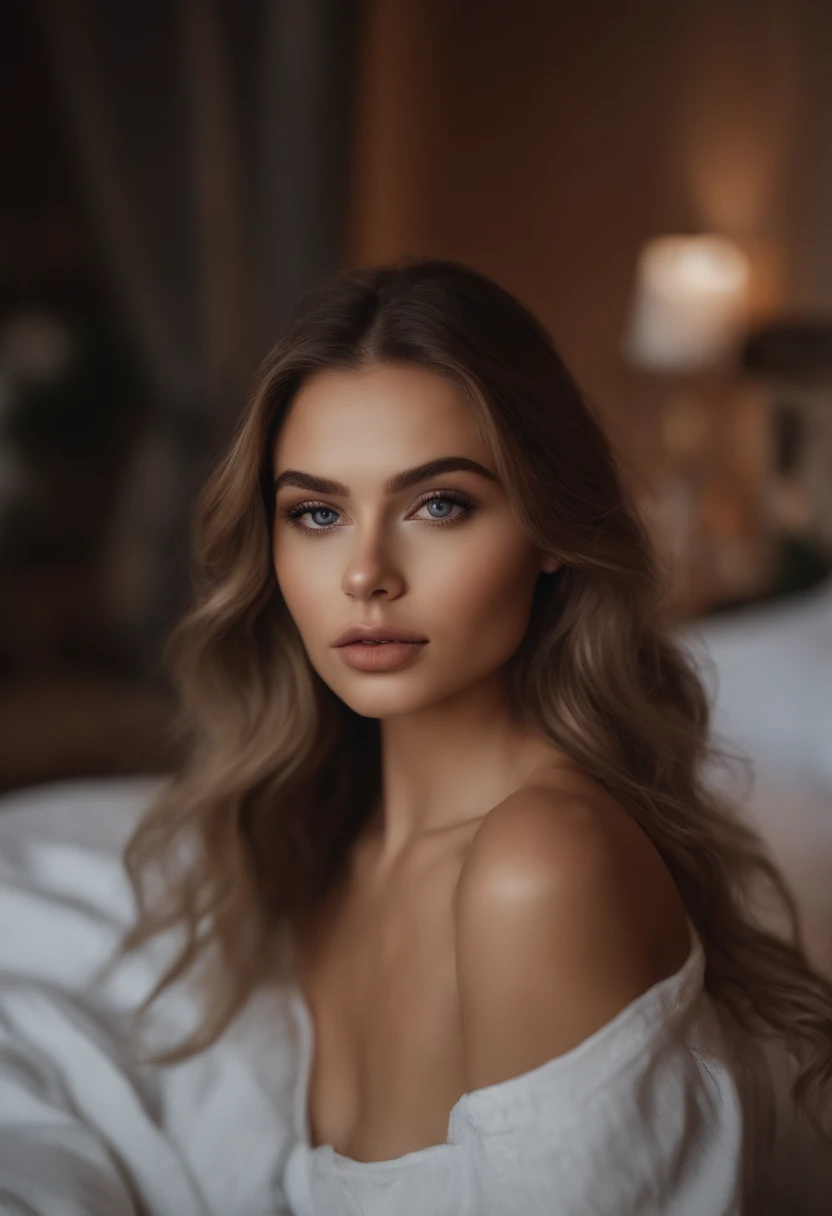 in the restaurant, Arafed woman completely , fille sexy aux yeux bleus, ultra realist, Meticulously detailed, Portrait Sophie Mudd, cheveux blonds et grands yeux, selfie of a young woman, Yeux de chambre, Violet Myers, sans maquillage, maquillage naturel, looking straight at camera, Visage avec Artgram, Maquillage subtil, Great photo of the whole body kneeling on the bed, grandes hanches, Very large bust, dans la chambre, Dressed in sportswear