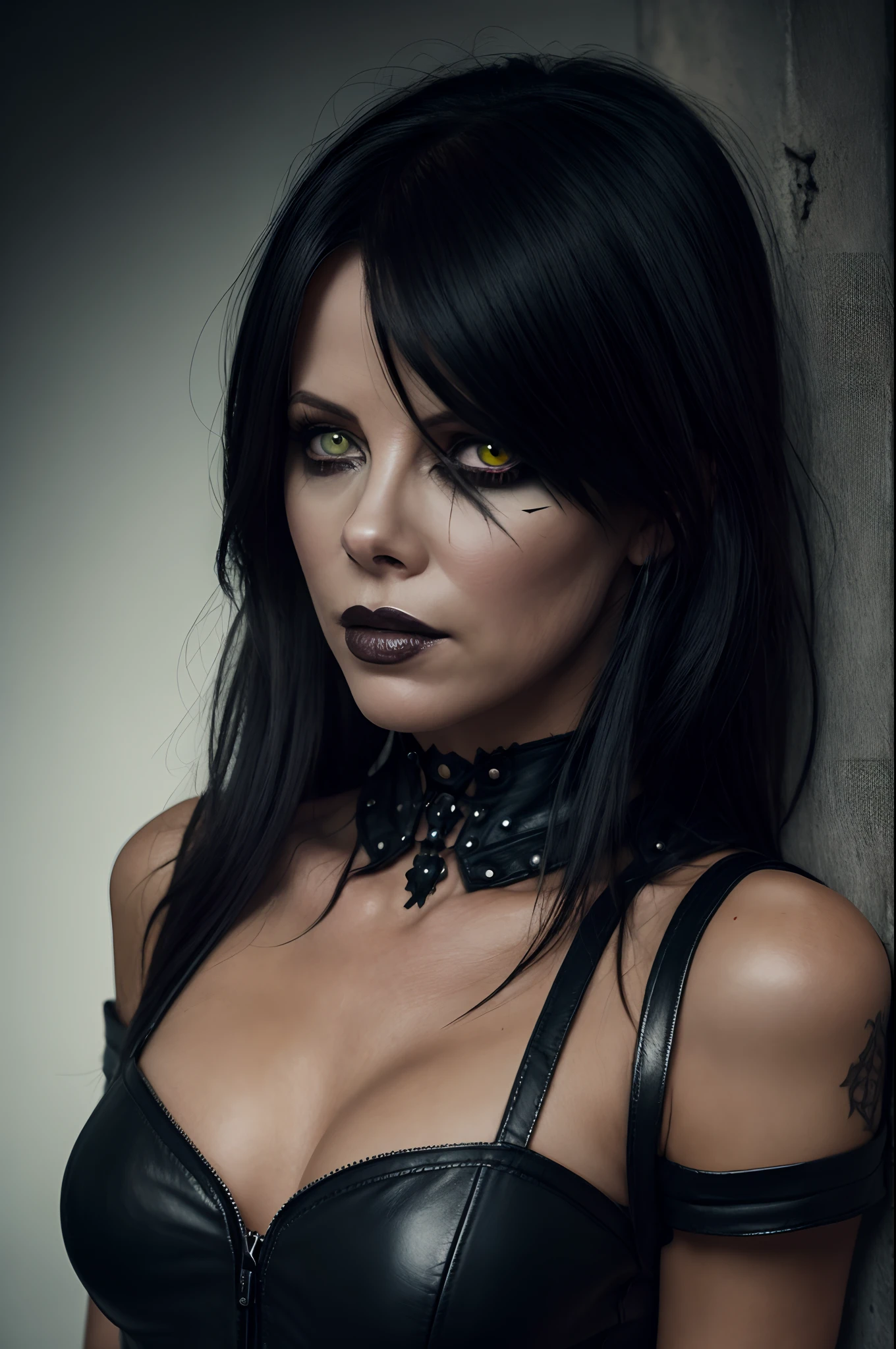 Kate Beckinsale posing for a photo, with black sclera eyes, very nice gothic top model, Beautiful Female Punk, dark piercing eyes, black leather skin, black grumpy eyes, nasty gaze, Aggressive look, Blue eyes and sclera, Lilith, Corpsepaint, Gothcore