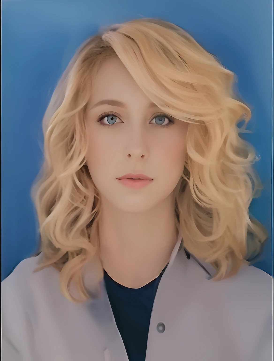 a close up of a woman with blonde hair and a blue background, color portrait, nft portrait, digital art!!, #1 digital painting of all time, # 1 digital painting of all time, valentina remenar, high quality portrait, annie lebovetz, digitally painted, digital art. @mariomaniacdude, doctor, maia sandu hyperrealistic