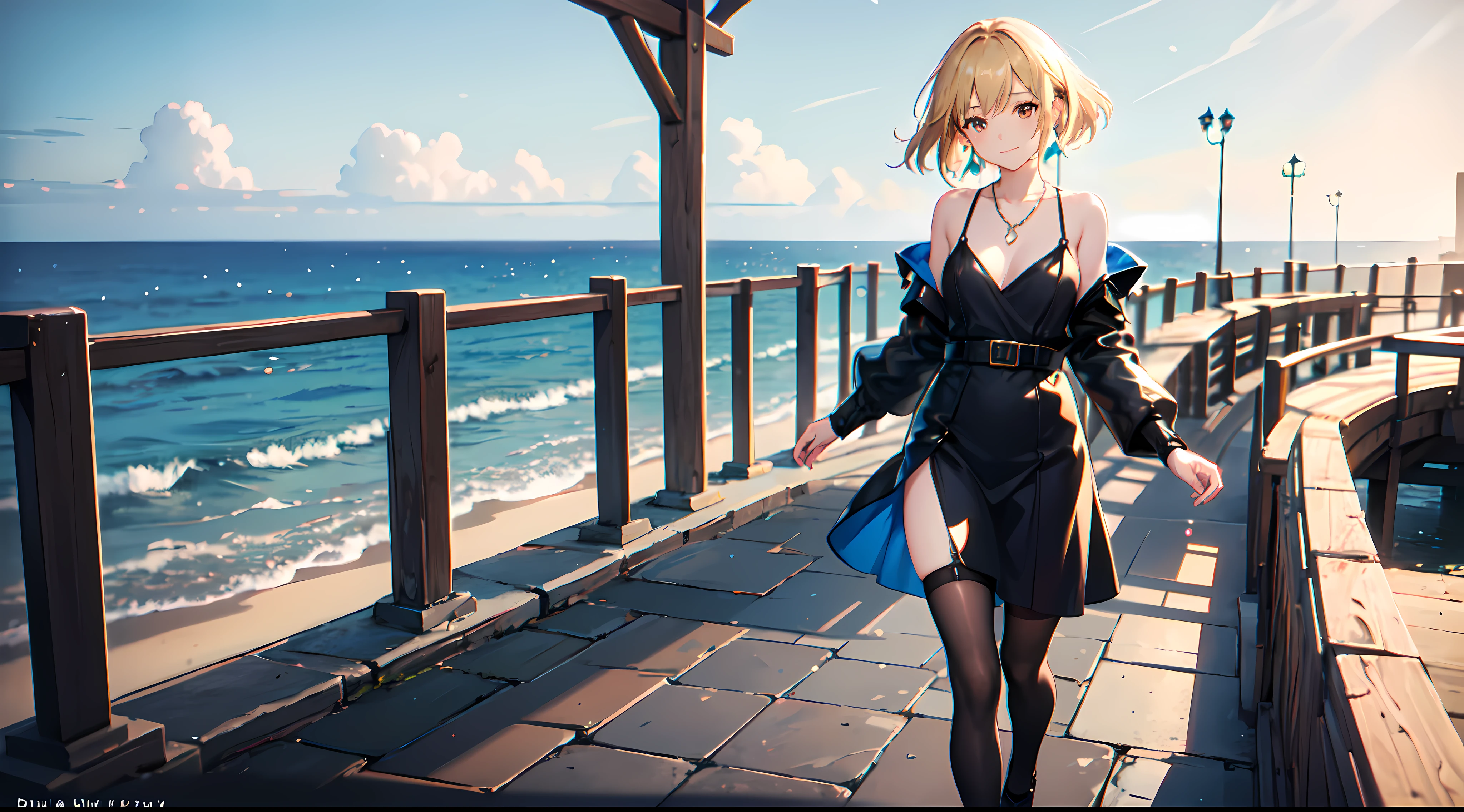 1girl, blond hair almost to the ground, one-piece black leather outfit with a translucent neckline and 4 straps along the front attached to a belt around the nec, short black loose dress, bare shoulders, black stockings ending before the end of the dress, black high heels, sleeves from elbow loose at the wrists, bow at waist level at the back, Brown eyes, standing in front of barrier with sea in the back, small smile, necklaces with dolphin, hanging earrings with a blue stone