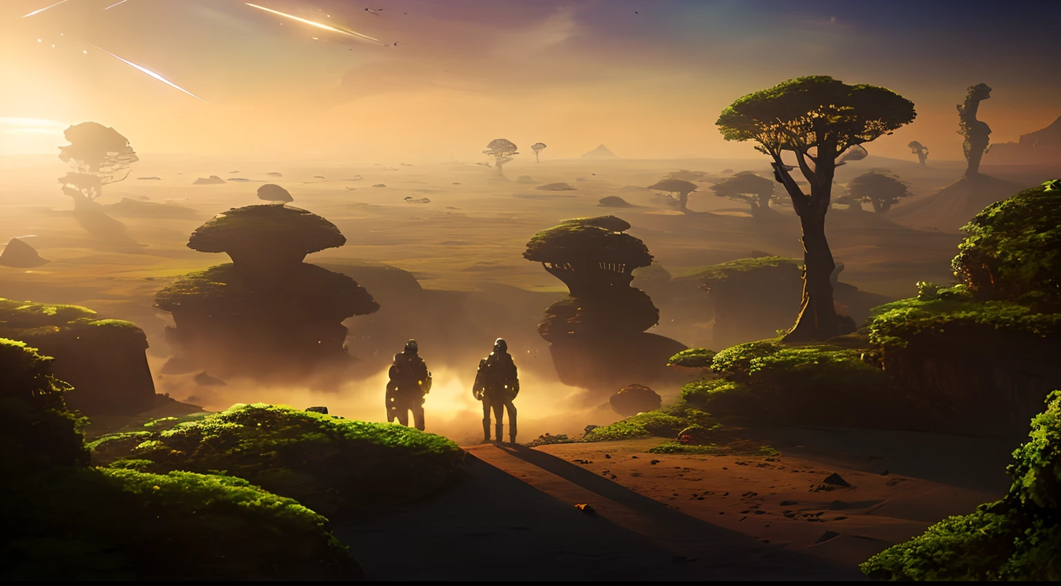 Create an epic, immersive 8k resolution illustration depicting a rustic, unexplored planet in the Outer Rim, envolto em um clima sombrio e misterioso. O foco principal da imagem deve ser a cena de pousagem da nave espacial da equipe de exploradores: Dr. Jason Thorp, Alana Oliveira, Josh Fernandes e Ashley Folk. Os exploradores devem estar vestindo trajes espaciais, mas sem capacetes, in poses that convey determination and reflection, olhando para o horizonte do planeta desconhecido. No centro da imagem, Highlight the protagonists with a temporal energy radiance effect, criando uma aura intrigante ao redor deles. Eles devem parecer estar em uma pose digna de um filme de aventura espacial, with an atmosphere of mystery and discovery. The scenery around the explorers should depict the inhospitable planet with exotic vegetation, similar to the Amazon Rainforest, mas com um toque futurista e elementos cyberpunk. Space exploration equipment should be scattered around the area, as vehicles, drones and advanced scientific devices. Crie um ambiente visualmente intrigante, com sombras profundas e respingos de luzes brilhantes para intensificar o clima de suspense. As cores devem ser ricas e contrastantes, Catching the viewer's attention. This image should capture the essence of space exploration on an unknown planet, conveying the sense of mystery, Adventure and discovery that permeates the story. Garanta que cada detalhe contribua para a atmosfera cativante e intrigante da cena.``` This detailed prompt will aid in creating an engaging image that captures all the essential elements of your sci-fi storytelling.