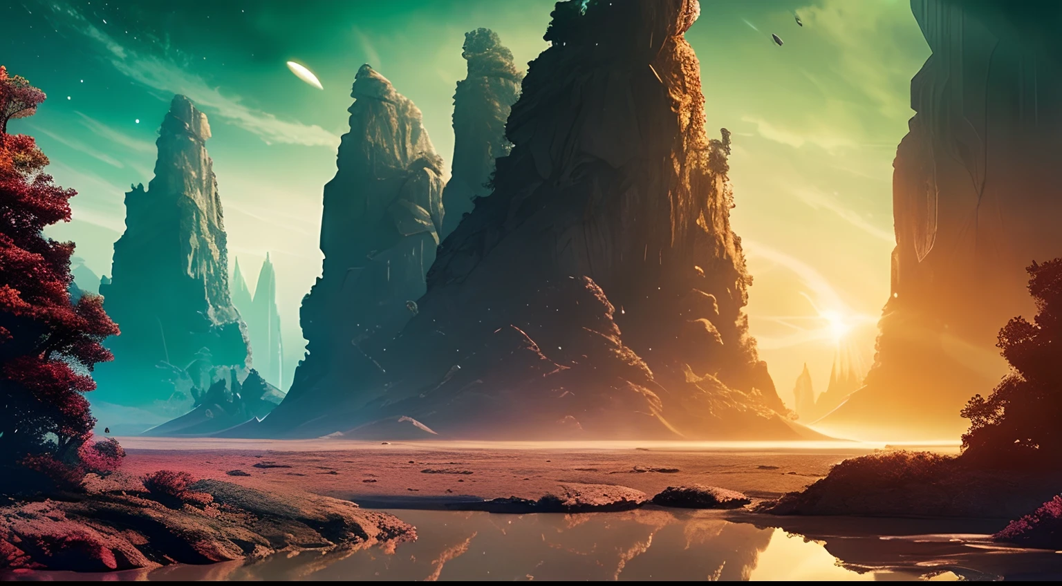 Create an epic, immersive 8k resolution illustration depicting a rustic, unexplored planet in the Outer Rim, envolto em um clima sombrio e misterioso. O foco principal da imagem deve ser a cena de pousagem da nave espacial da equipe de exploradores: Dr. Jason Thorp, Alana Oliveira, Josh Fernandes e Ashley Folk. Os exploradores devem estar vestindo trajes espaciais, mas sem capacetes, in poses that convey determination and reflection, olhando para o horizonte do planeta desconhecido. No centro da imagem, Highlight the protagonists with a temporal energy radiance effect, criando uma aura intrigante ao redor deles. Eles devem parecer estar em uma pose digna de um filme de aventura espacial, with an atmosphere of mystery and discovery. The scenery around the explorers should depict the inhospitable planet with exotic vegetation, similar to the Amazon Rainforest, mas com um toque futurista e elementos cyberpunk. Space exploration equipment should be scattered around the area, as vehicles, drones and advanced scientific devices. Crie um ambiente visualmente intrigante, com sombras profundas e respingos de luzes brilhantes para intensificar o clima de suspense. As cores devem ser ricas e contrastantes, Catching the viewer's attention. This image should capture the essence of space exploration on an unknown planet, conveying the sense of mystery, Adventure and discovery that permeates the story. Garanta que cada detalhe contribua para a atmosfera cativante e intrigante da cena.``` This detailed prompt will aid in creating an engaging image that captures all the essential elements of your sci-fi storytelling.