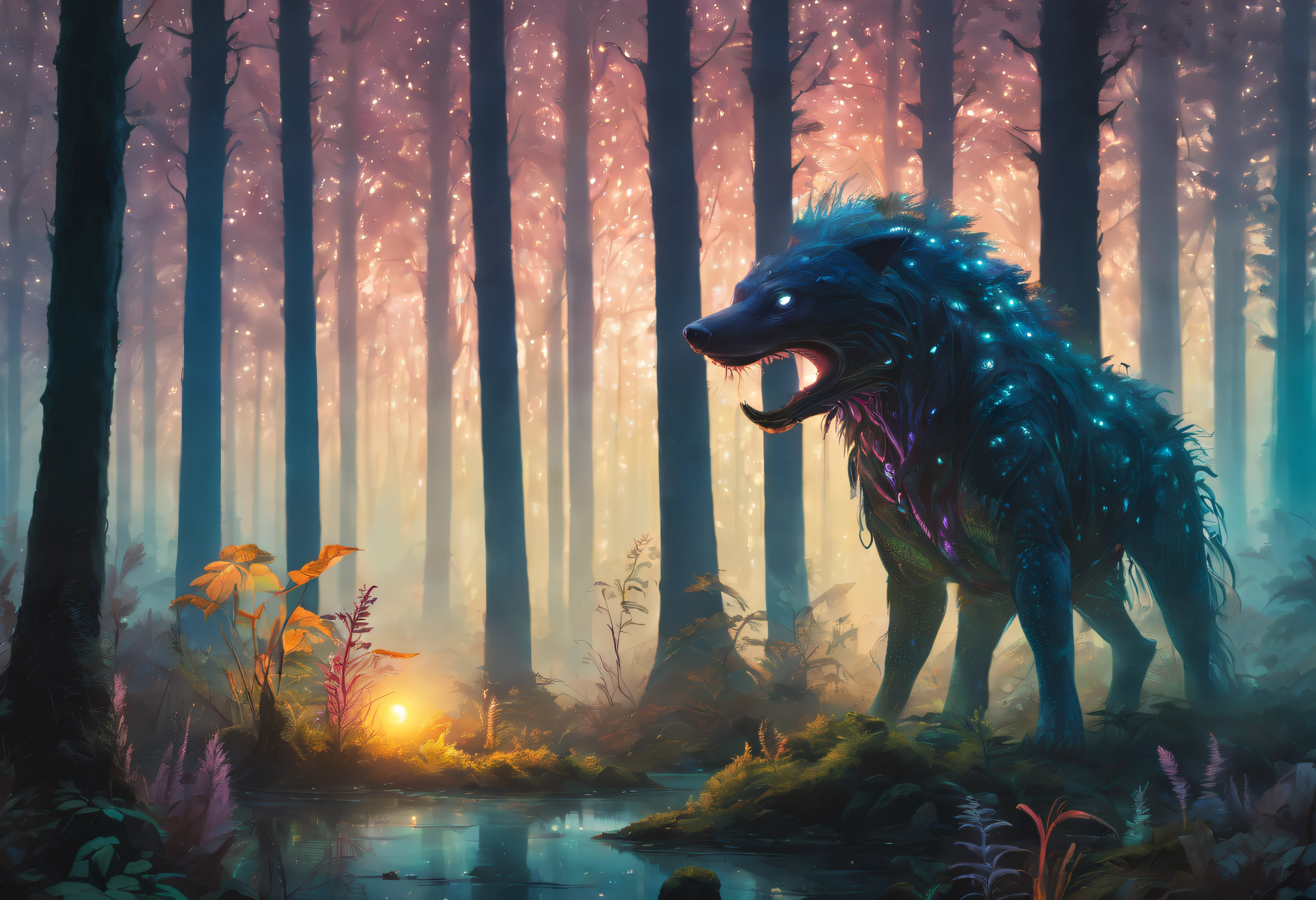 A misty forest scene with vibrant bioluminescent plants, casting an otherworldly glow as the sun sets. An animal, half hidden in the shadows, watches curiously