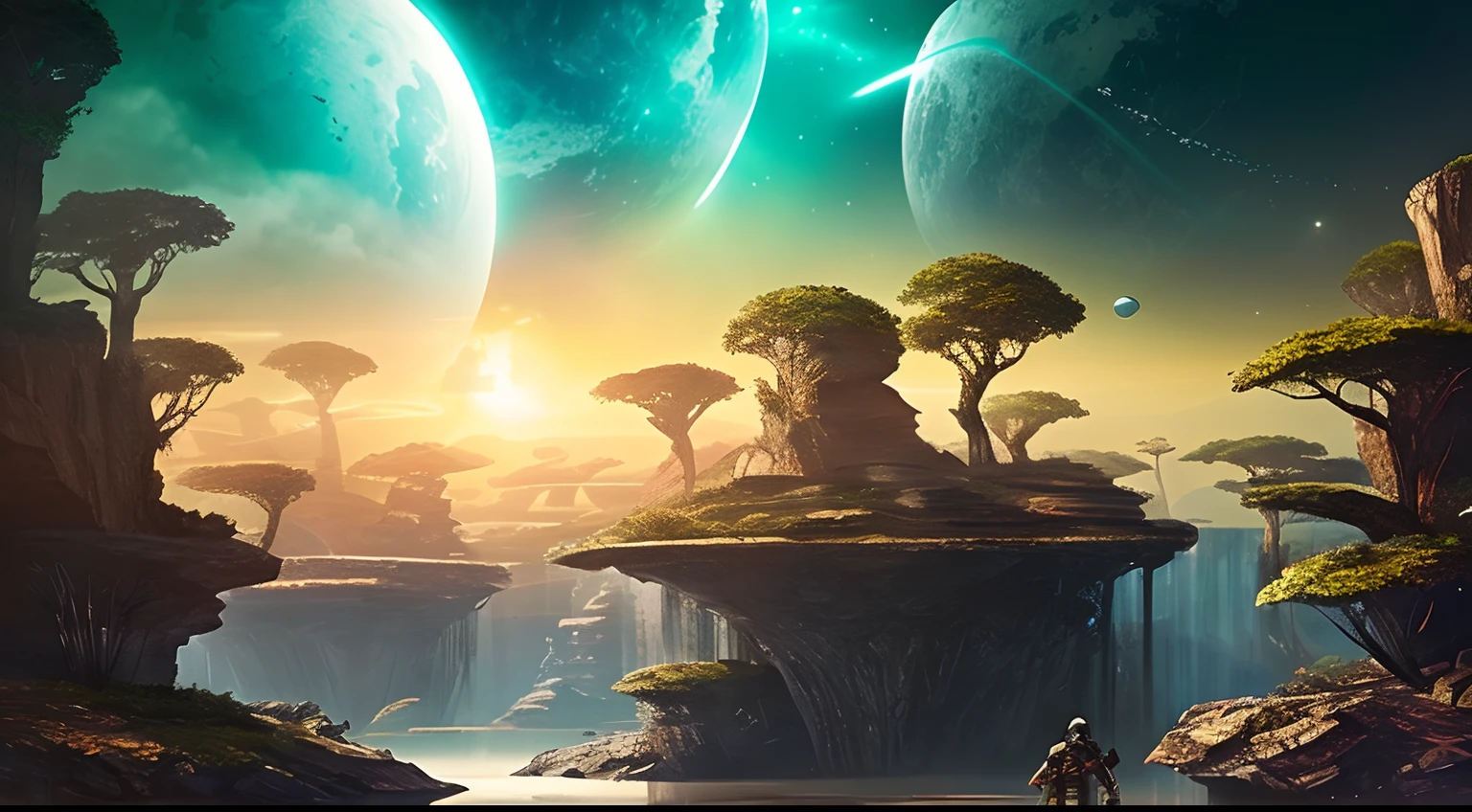 Create an epic, immersive 8k resolution illustration depicting a rustic, unexplored planet in the Outer Rim, envolto em um clima sombrio e misterioso. O foco principal da imagem deve ser a cena de pousagem da nave espacial da equipe de exploradores: Dr. Jason Thorp, Alana Oliveira, Josh Fernandes e Ashley Folk. Os exploradores devem estar vestindo trajes espaciais, mas sem capacetes, in poses that convey determination and reflection, olhando para o horizonte do planeta desconhecido. No centro da imagem, Highlight the protagonists with a temporal energy radiance effect, criando uma aura intrigante ao redor deles. Eles devem parecer estar em uma pose digna de um filme de aventura espacial, with an atmosphere of mystery and discovery. The scenery around the explorers should depict the inhospitable planet with exotic vegetation, similar to the Amazon Rainforest, mas com um toque futurista e elementos cyberpunk. Space exploration equipment should be scattered around the area, as vehicles, drones and advanced scientific devices. Crie um ambiente visualmente intrigante, com sombras profundas e respingos de luzes brilhantes para intensificar o clima de suspense. As cores devem ser ricas e contrastantes, Catching the viewer's attention. This image should capture the essence of space exploration on an unknown planet, conveying the sense of mystery, Adventure and discovery that permeates the story. Garanta que cada detalhe contribua para a atmosfera cativante e intrigante da cena.``` This detailed prompt will aid in creating an engaging image that captures all the essential elements of your sci-fi storytelling.