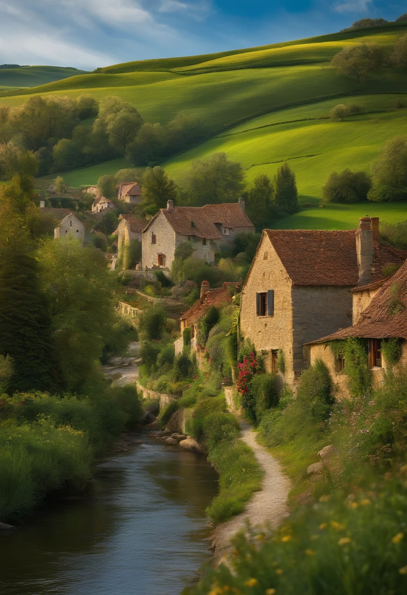 1.	A picturesque village set against rolling hills, where the story begins.