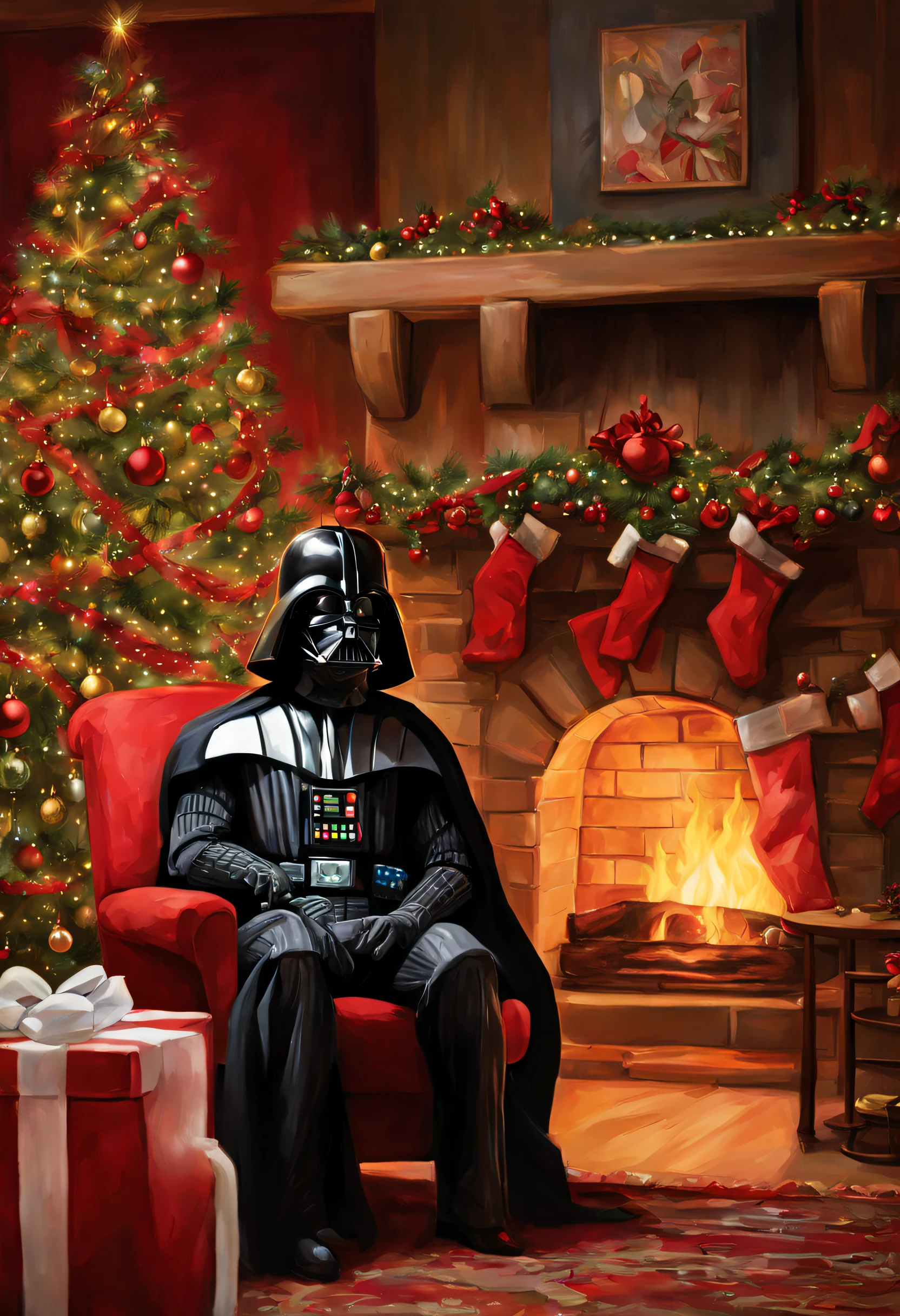 Under a beautiful New Year's Eve, gift wrapping and a fireplace. Darth Vader sitting on the sofa in front of the fireplace with a red Christmas hat on his head. Oil painting, high resolution, ultra-detailed, realistic:1.37, vibrant colors, exquisite details. Darth Vader's iconic black suit and mask, with a hint of holiday cheer in the form of a red Christmas hat. The gift wrapping is neatly placed on a nearby table, adorned with ribbons, bows, and sparkling ornaments. The fireplace crackles with warm, cozy flames, casting a soft glow on the room. The room is filled with holiday decorations, including a beautifully decorated Christmas tree and twinkling lights. The atmosphere is festive and inviting, with a touch of mystery and excitement. The scene captures the magic of New Year's Eve, with the anticipation of gifts, the warmth of the fireplace, and the presence of the iconic Darth Vader adding a unique twist to the holiday celebration.