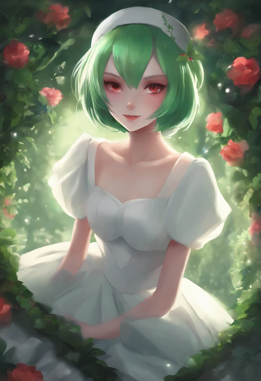 masterpiece, best_quality, 1girl, solo, gardevoir, pokemon \(creature\), green hair, red eyes, white dress,