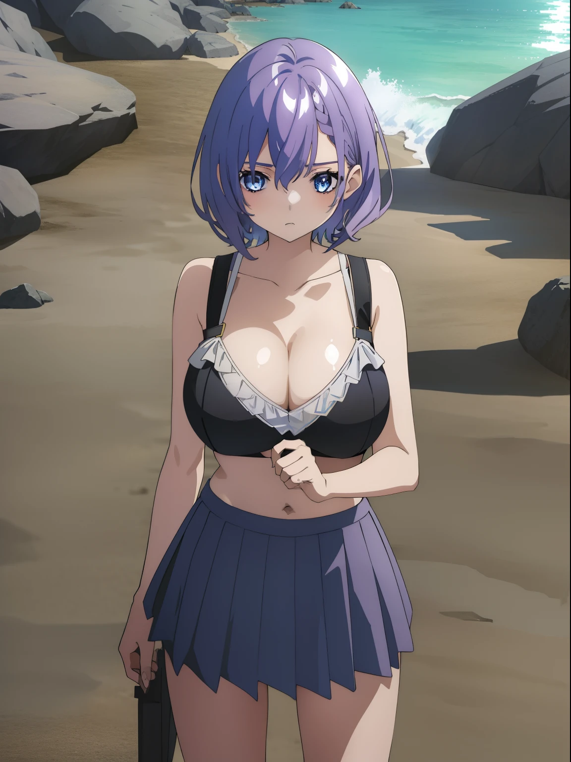 luna,1girl,solo,short hair, purple hair, blue eyes, medium breasts , Standing tall pose ,mini bra transparent, panties, espadrilles , A-line skirt , beach,(( cowboy shot)), beautiful, huge breast, cleavage, front view,