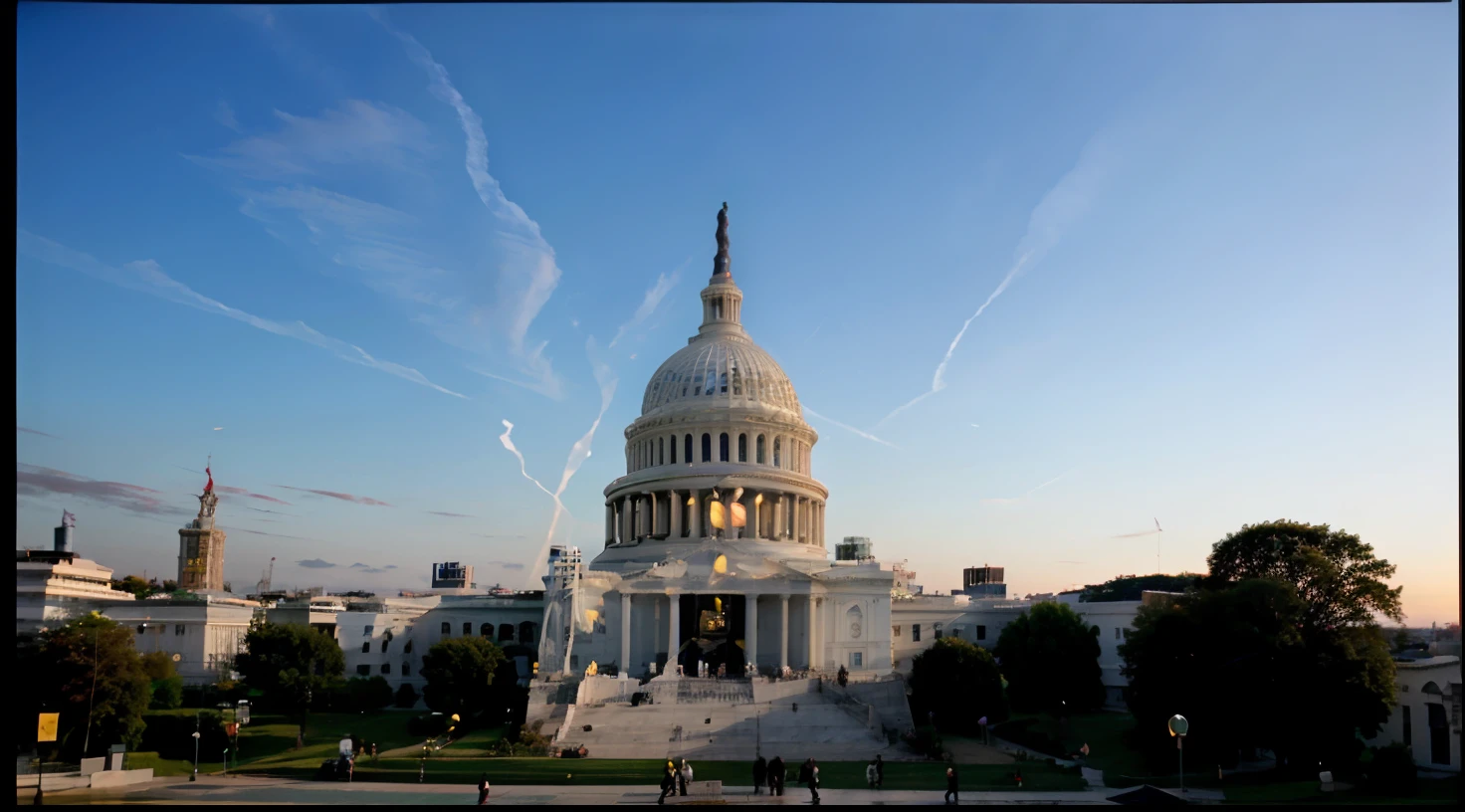 A view of the Capitol building at sunset with a flag flying in the foreground, Capitol, Capitol Building, unedited, foto em alta, 2 0 2 2 foto, imagem empilhada, um novo, #trending, Directed by: Winona Nelson, Riot at the Capitol, Directed by: Tom Carapic, trending, Foto editorial, Directed by: Jeffrey Soares