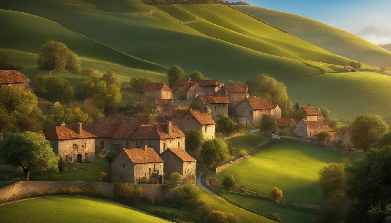 1. A picturesque village set against rolling hills, where the story begins.