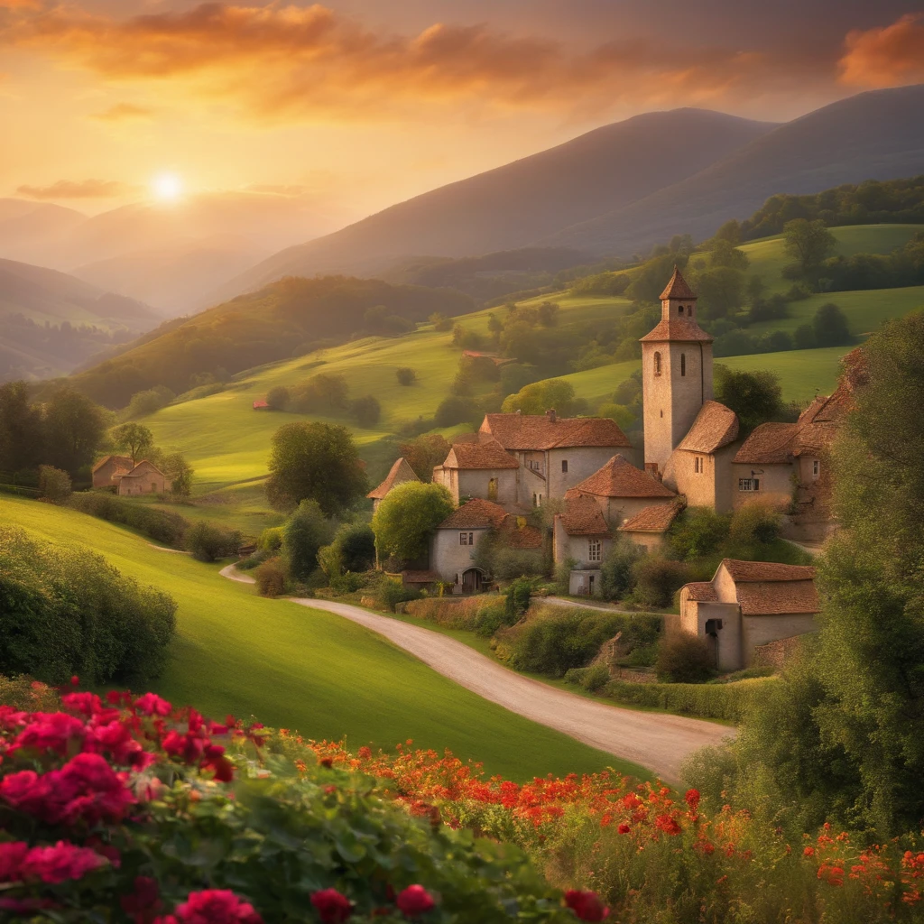 1. A picturesque village set against rolling hills, where the story begins.