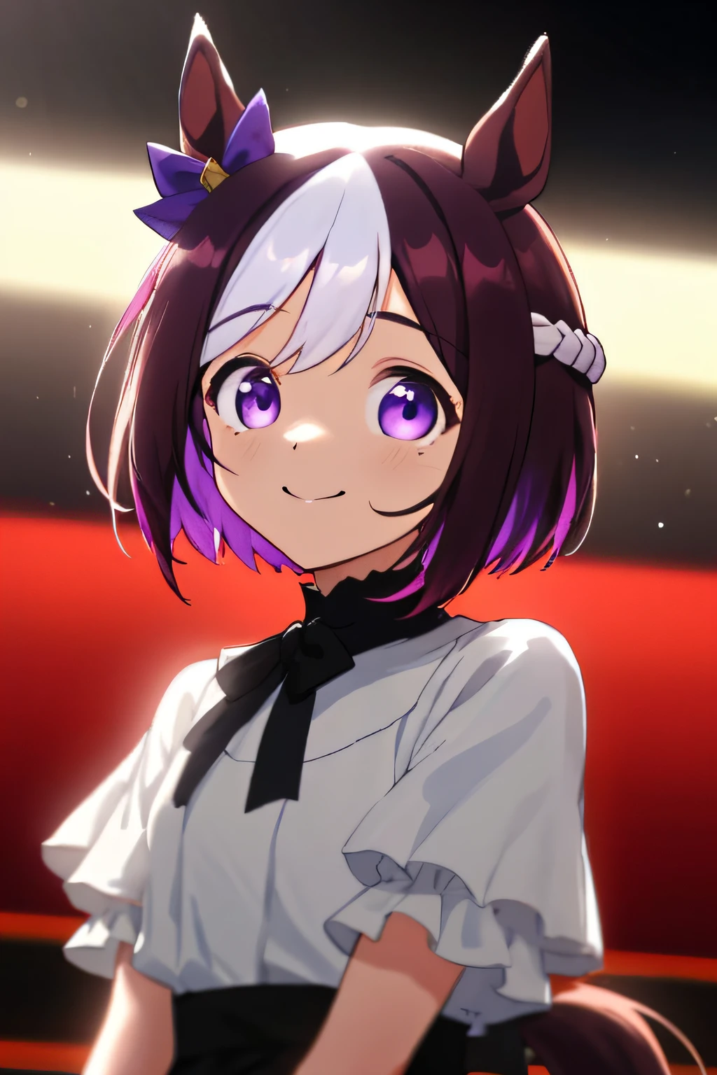 special week \(umamusume\), (ultra-detailed face), masterpiece, bestquality, upper body, smile, on stage, dress, horse tail